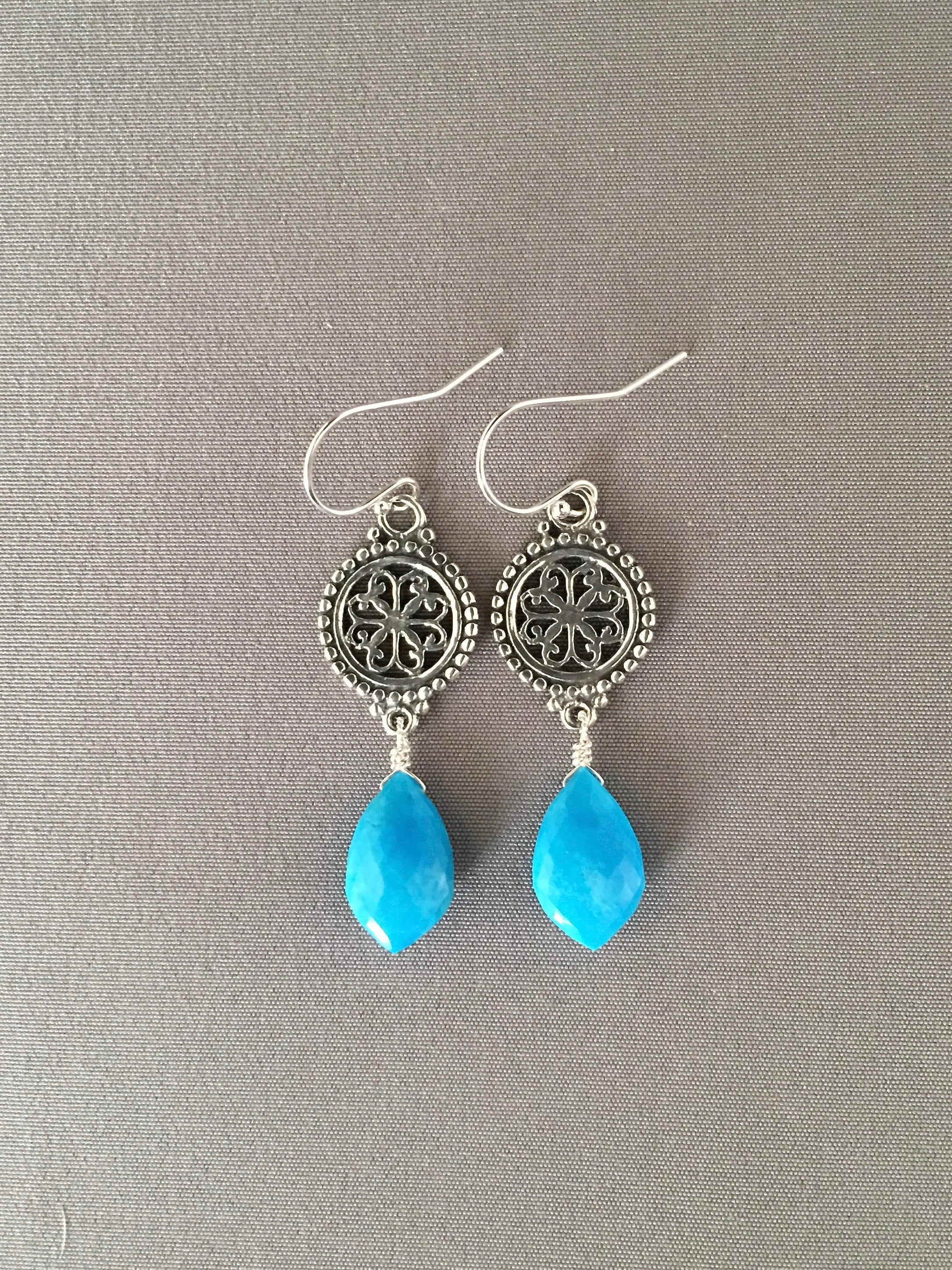 Turquoise Marquise Stone and Bali Sterling Silver Filigree Dangle Earrings