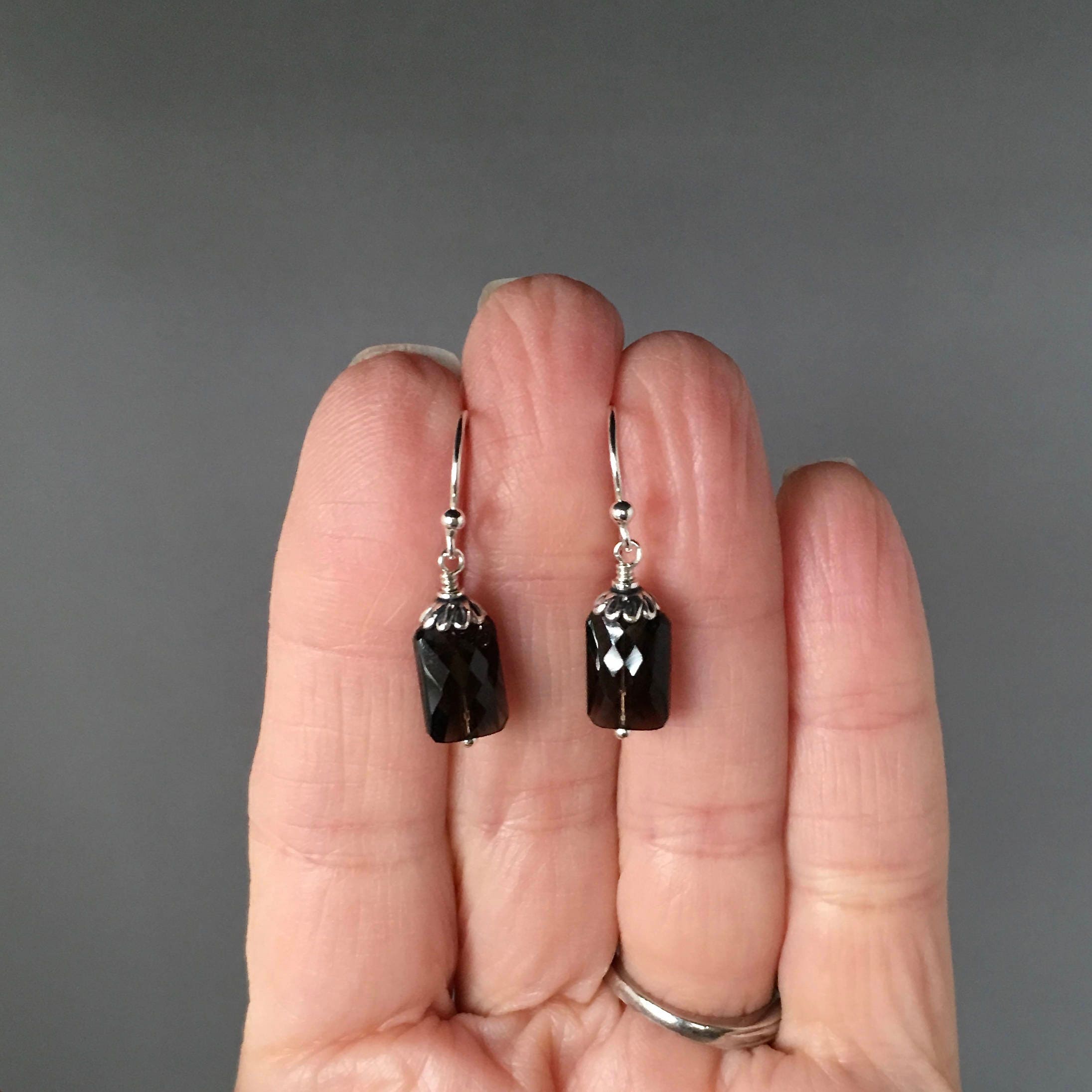 Smokey Quartz Rectangle Dangle Earrings with Bali Silver Caps