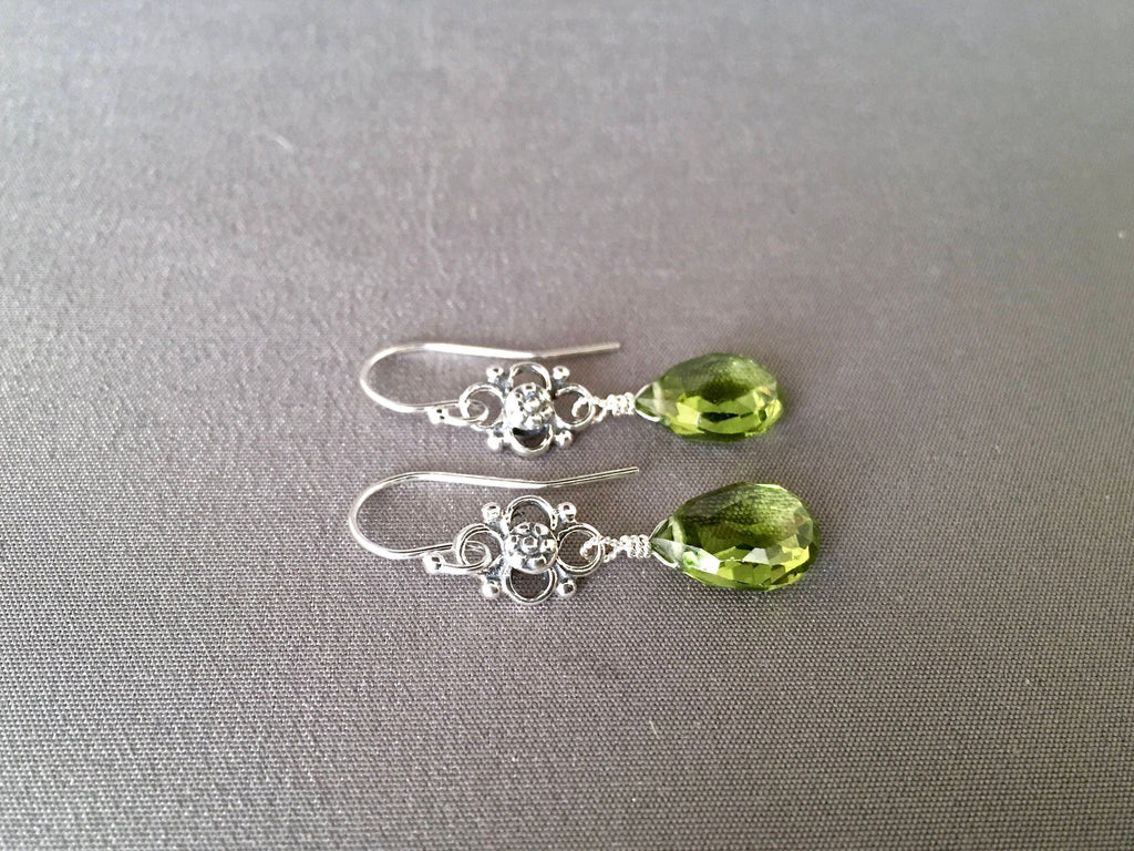 Peridot Quartz Teardrop Earrings with Bali Sterling Silver Links