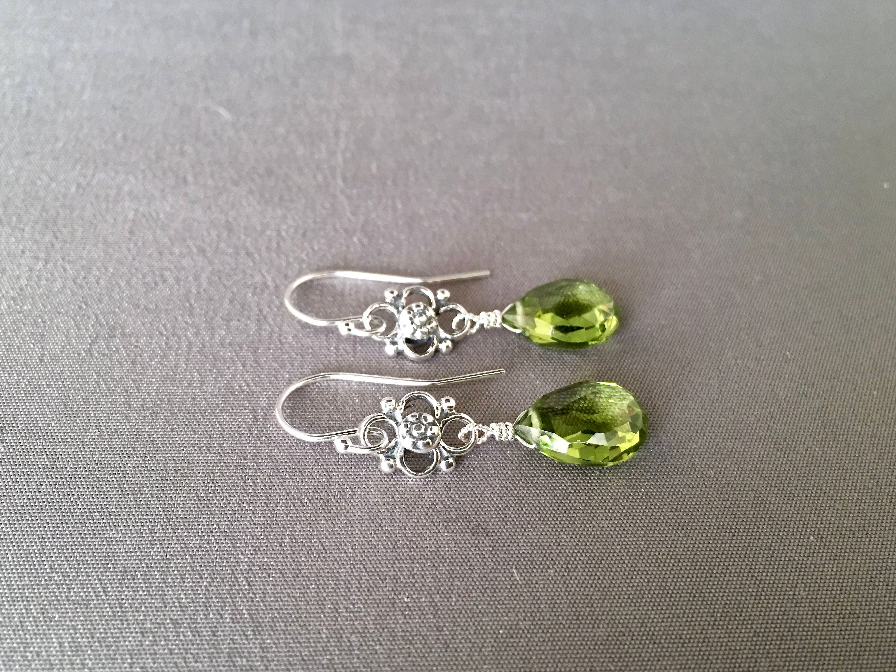 Peridot Quartz Teardrop Earrings with Bali Sterling Silver Links