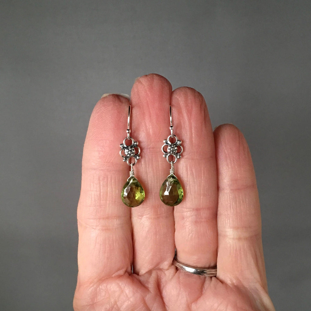 Peridot Quartz Teardrop Earrings with Bali Sterling Silver Links