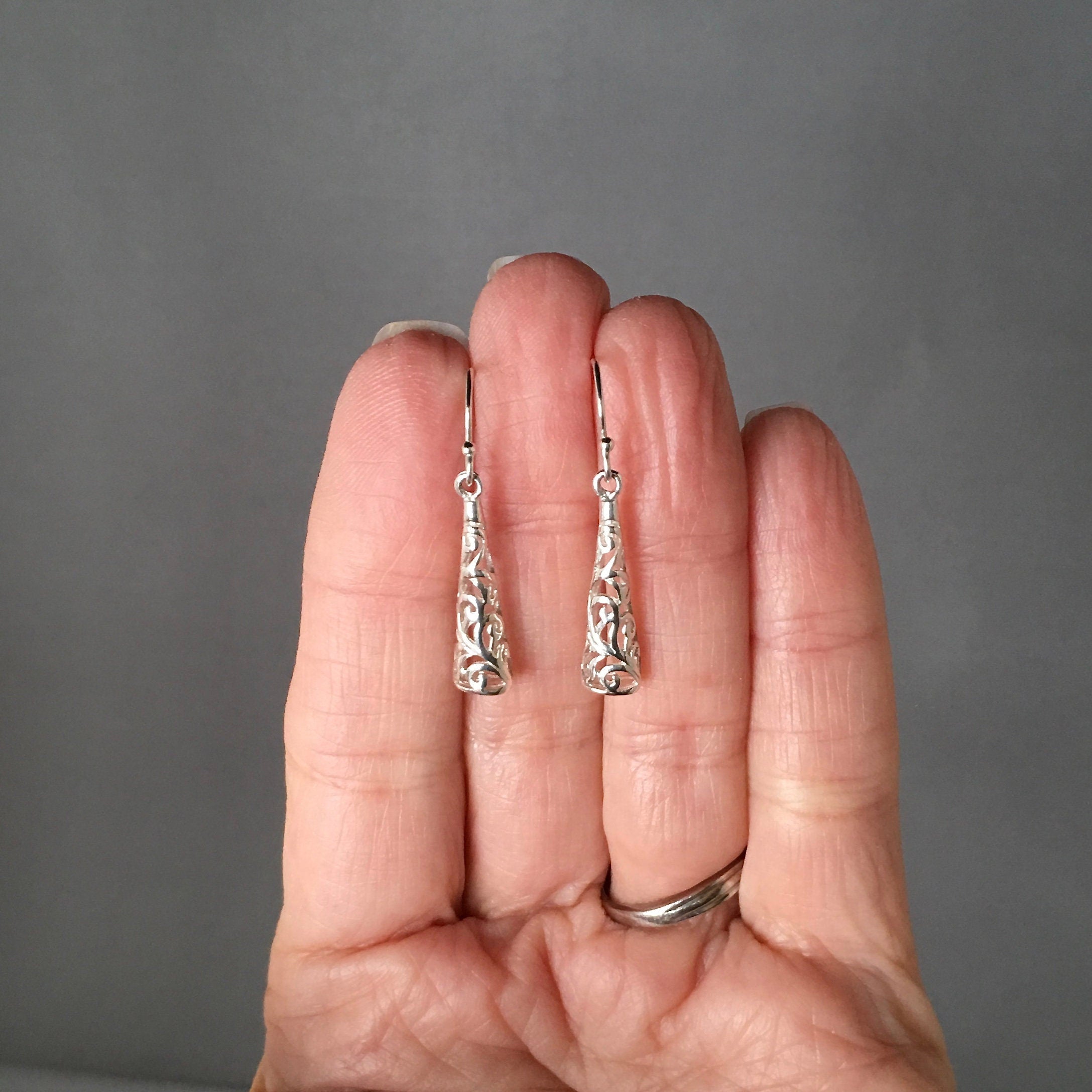 Long Shiny Sterling Silver Filigree Drop Earrings