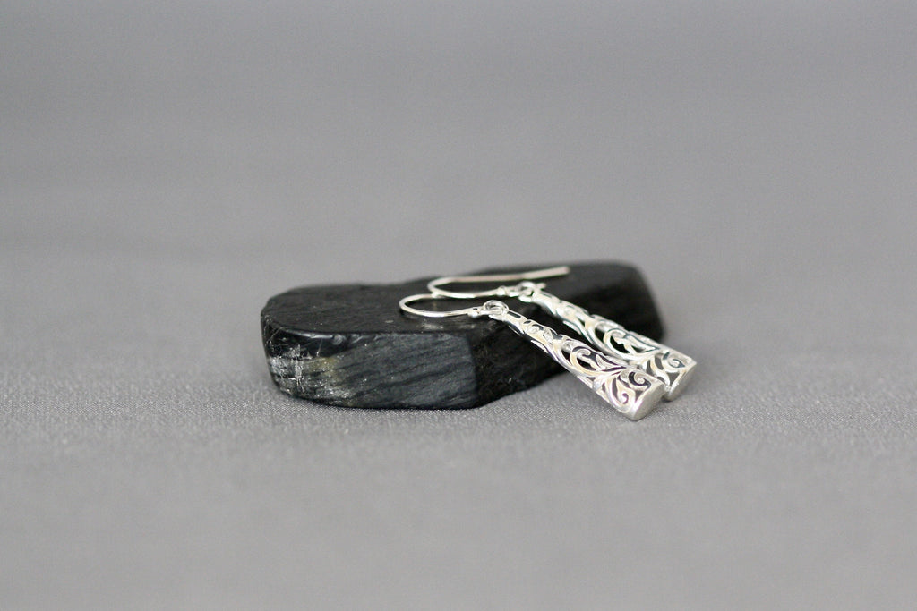 Long Shiny Sterling Silver Filigree Drop Earrings