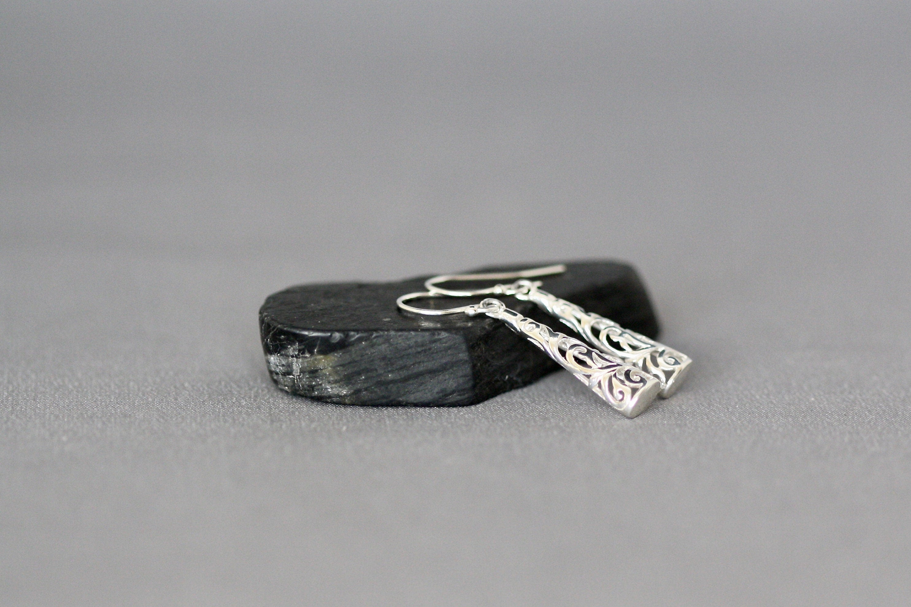 Long Shiny Sterling Silver Filigree Drop Earrings
