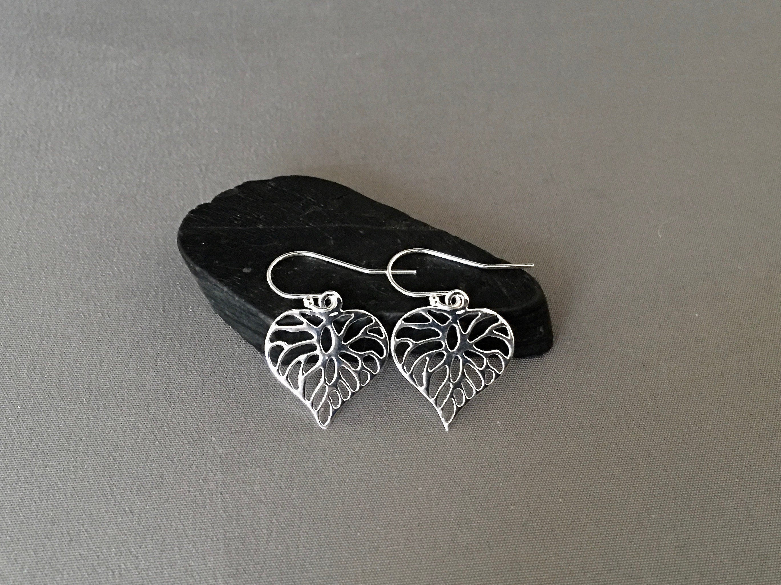 Sterling Silver Filigree Heart Charm Dangle Earrings