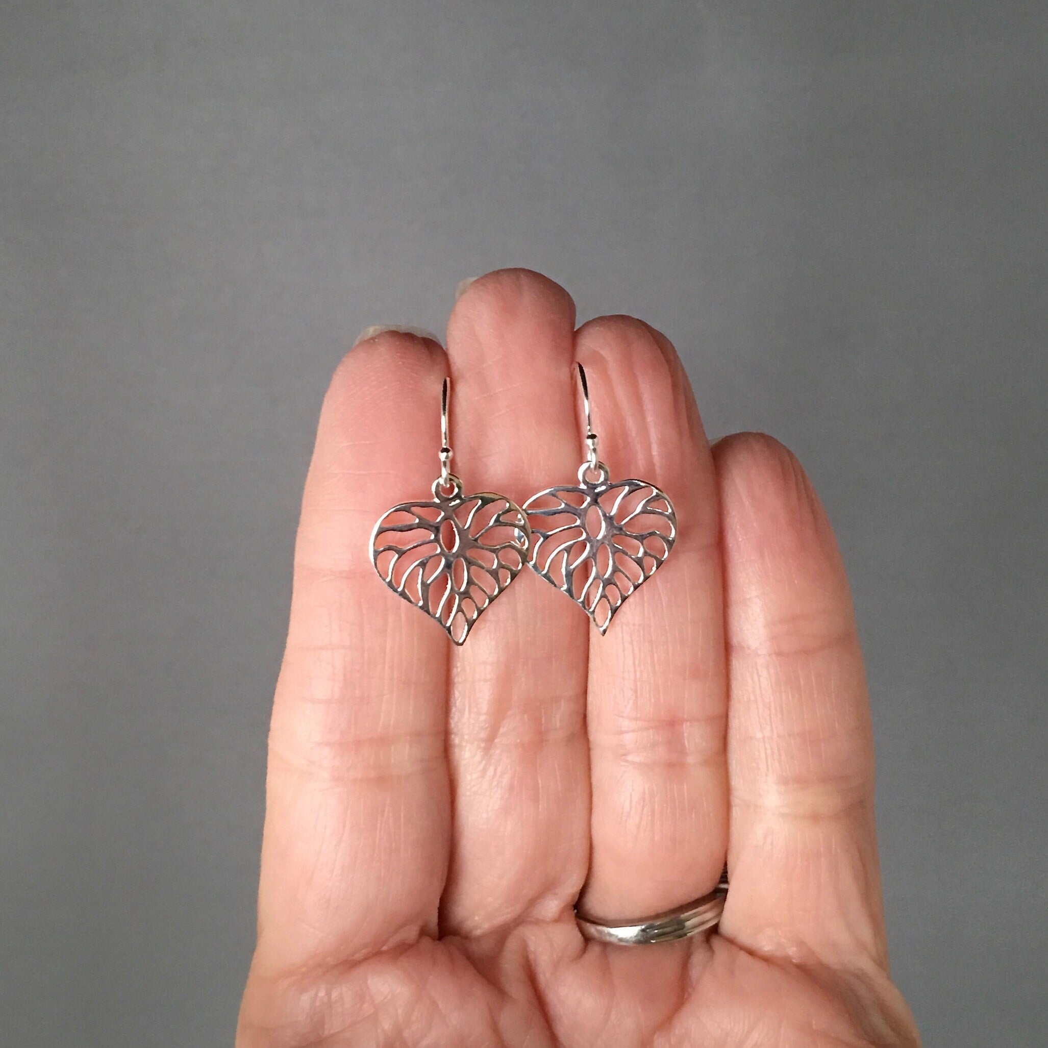 Sterling Silver Filigree Heart Charm Dangle Earrings
