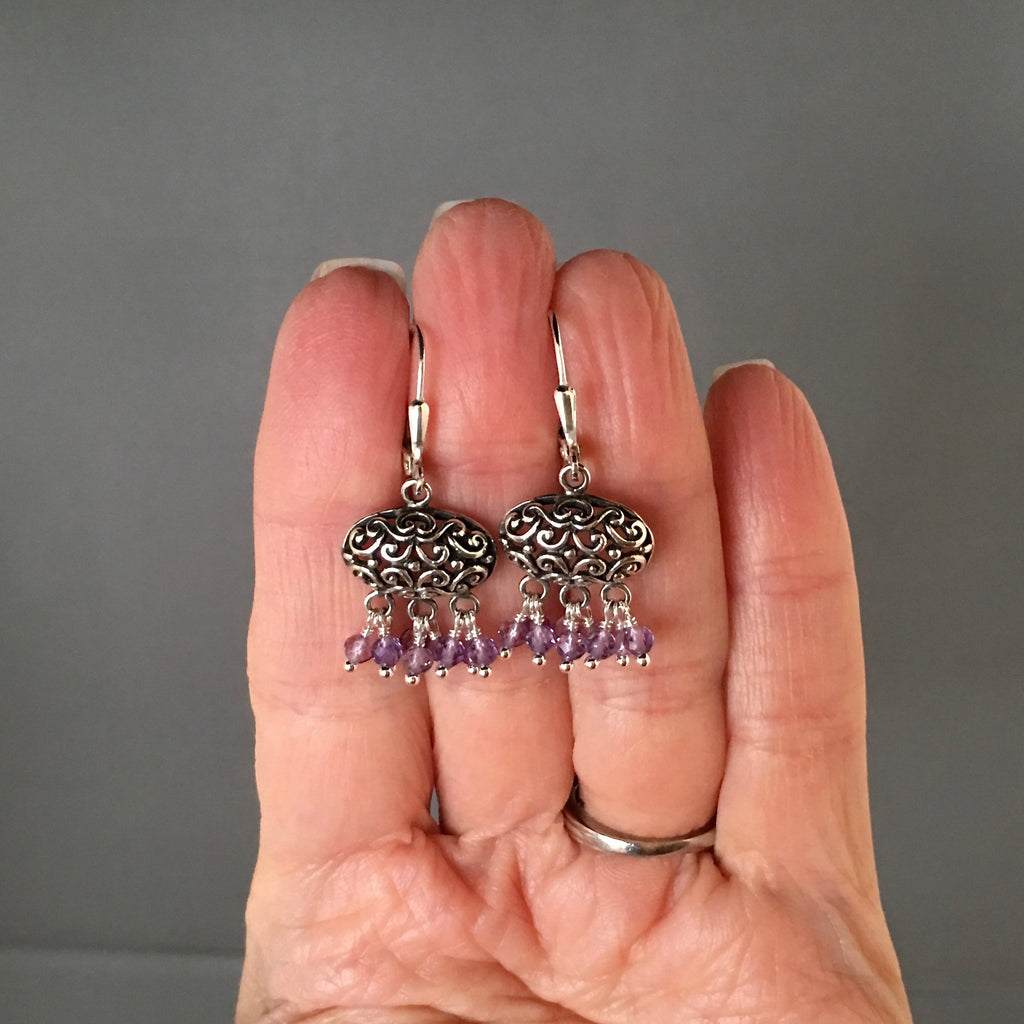Amethyst and Bali Silver Filigree Chandelier Earrings