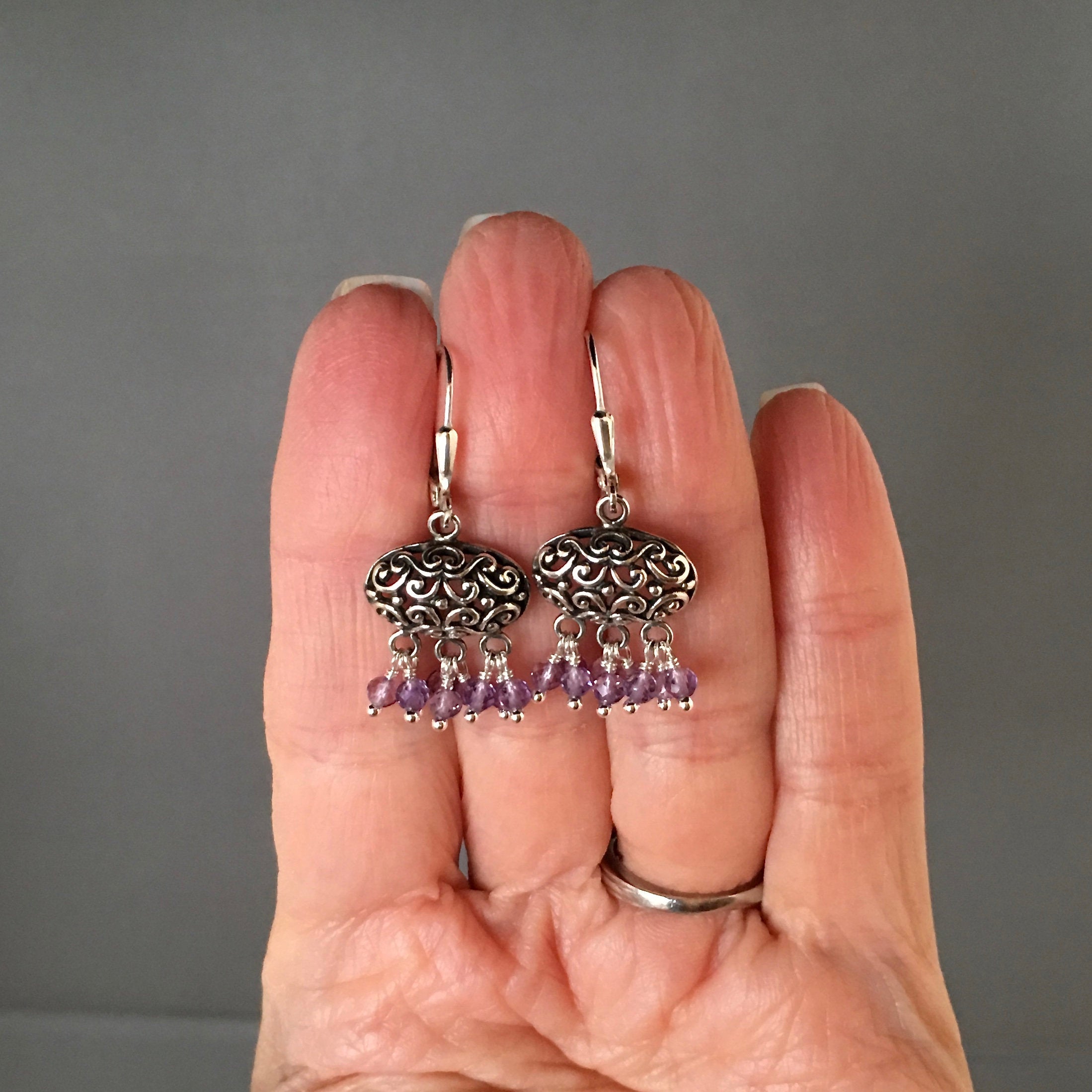 Amethyst and Bali Silver Filigree Chandelier Earrings