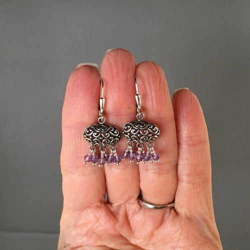 Amethyst and Bali Silver Filigree Chandelier Earrings