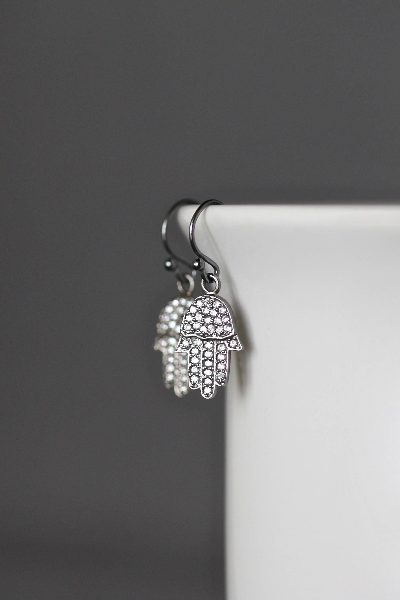 Oxidized Sterling Silver Hamsa Hand Earrings with White Topaz Pave