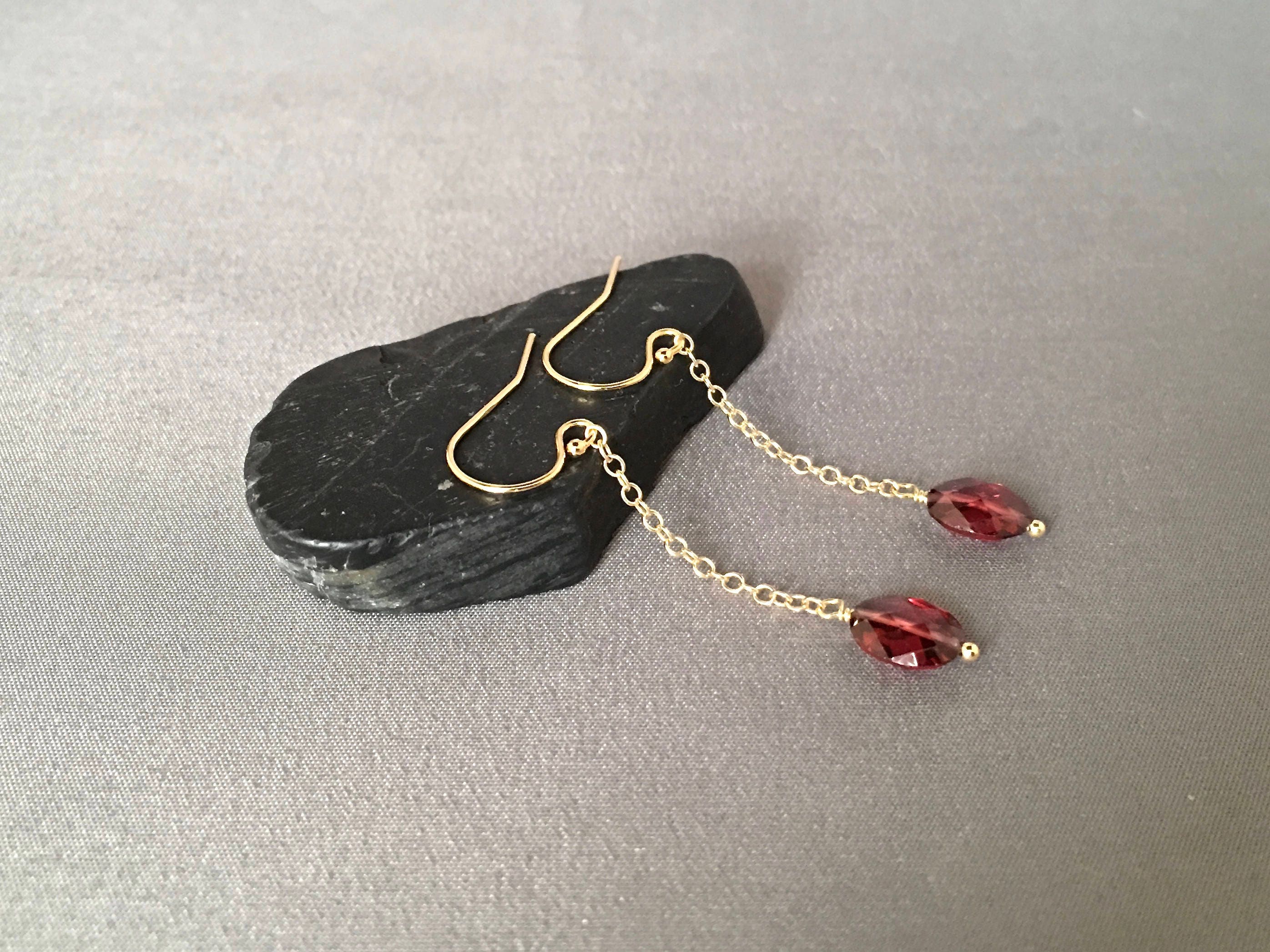 Rhodolite Garnet Oval Earrings on Gold Filled Chain Dangles