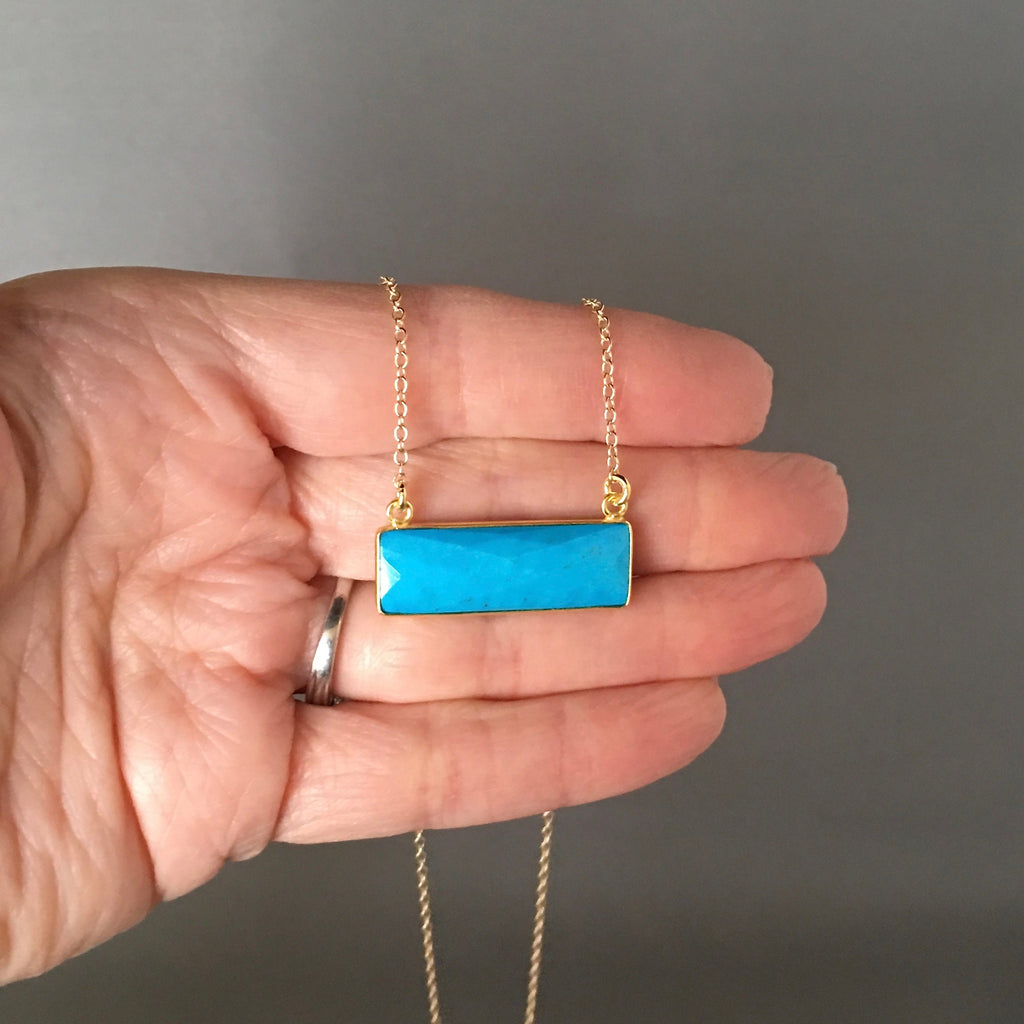 Turquoise Rectangle Bar Pendant Necklace in Gold Vermeil Bezel