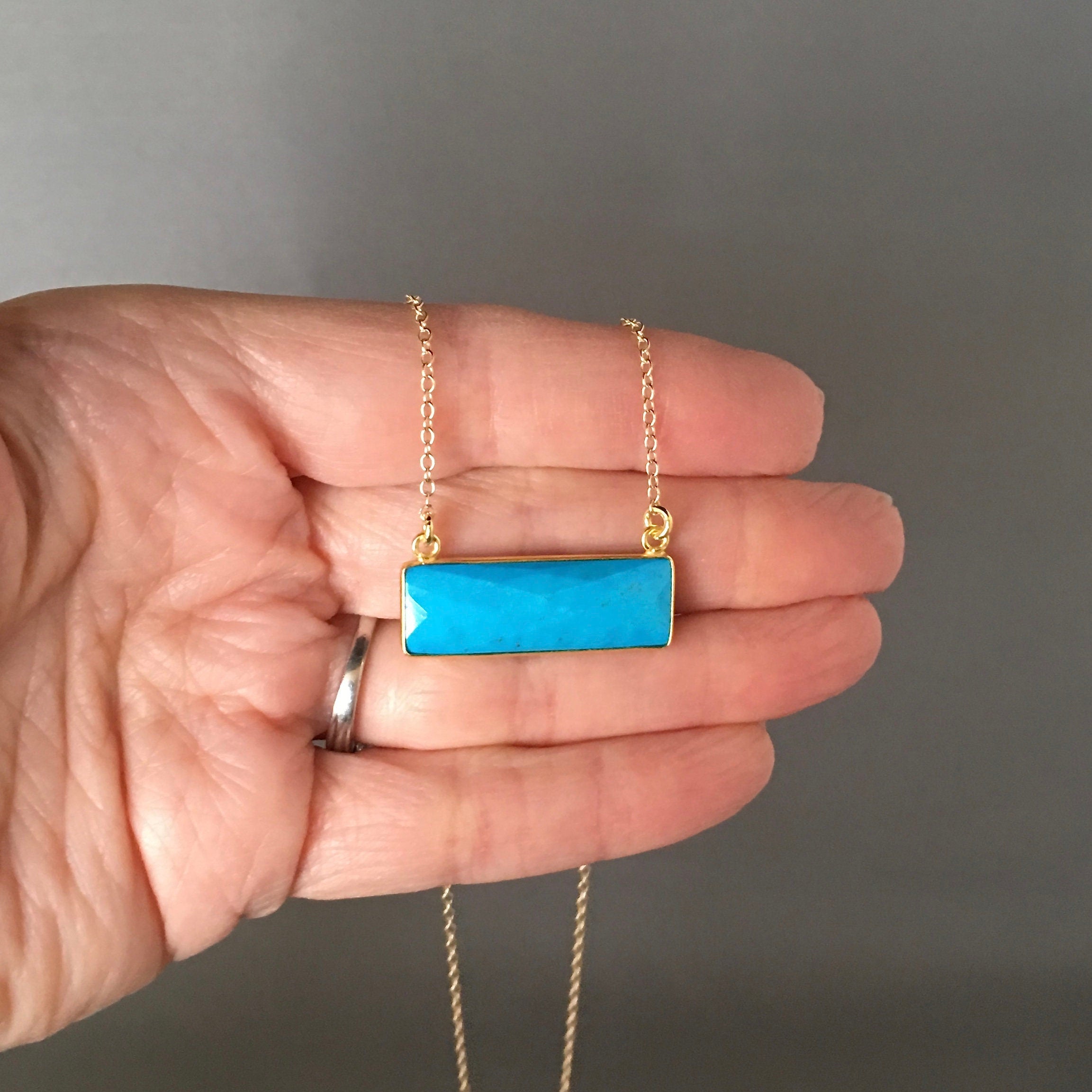 Turquoise Rectangle Bar Pendant Necklace in Gold Vermeil Bezel