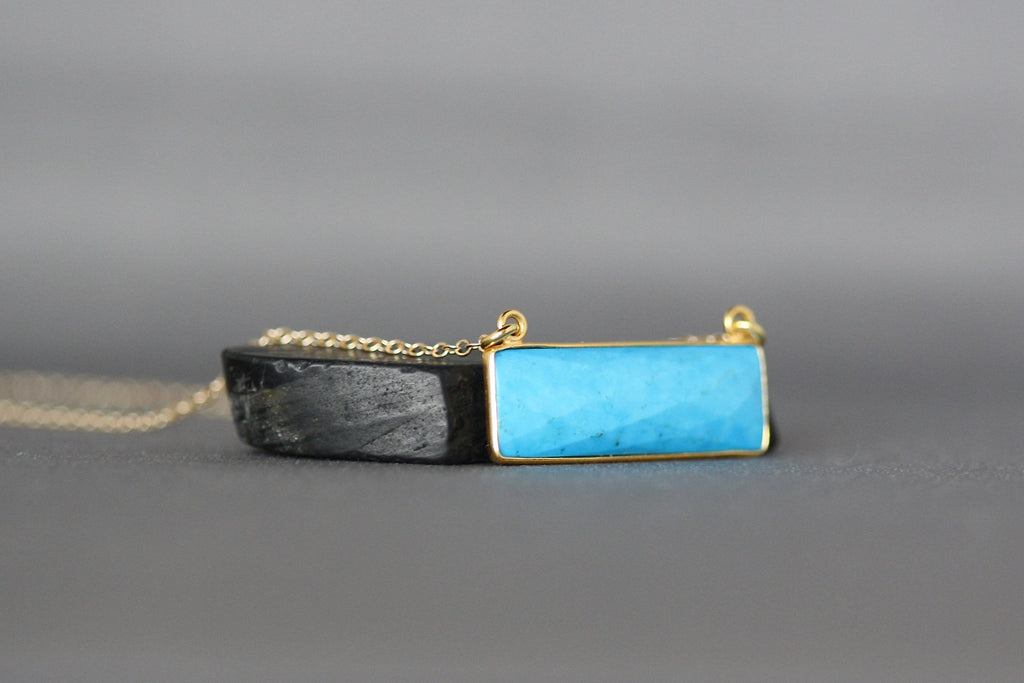 Turquoise Rectangle Bar Pendant Necklace in Gold Vermeil Bezel