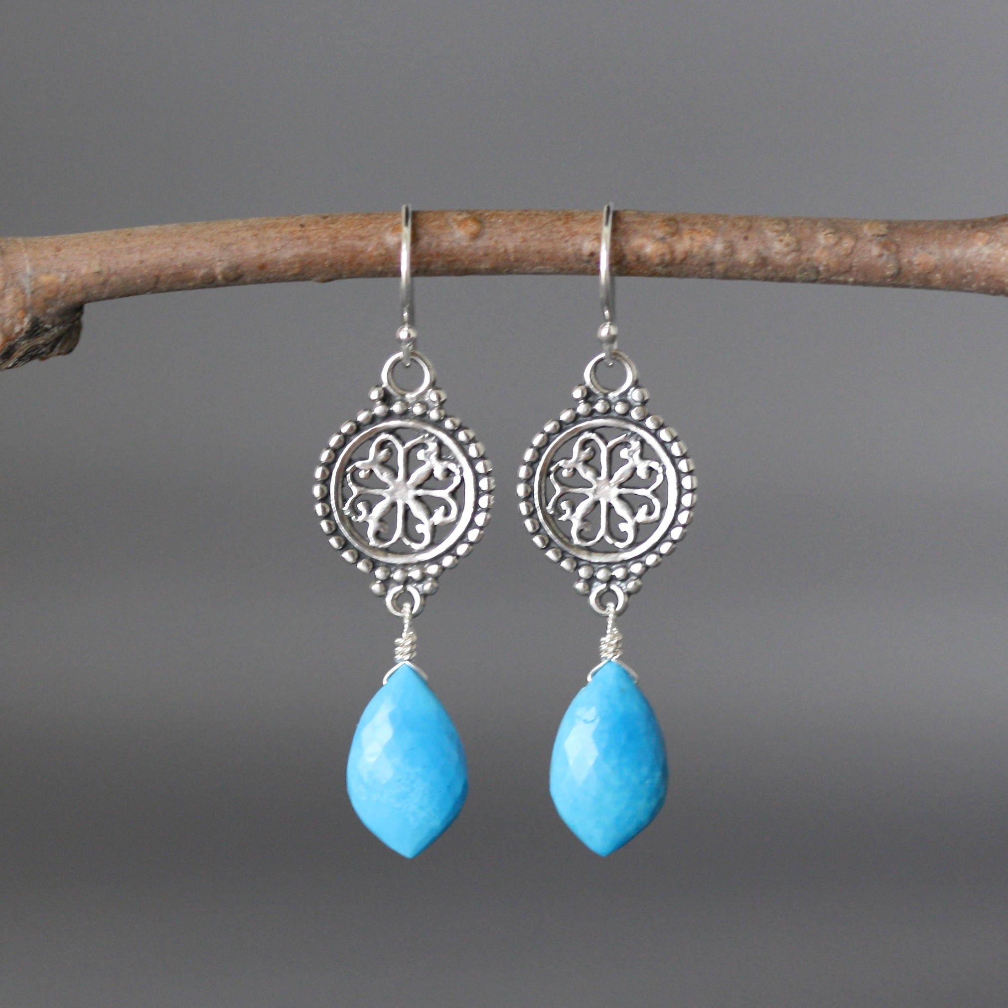 Turquoise Marquise Stone and Bali Sterling Silver Filigree Dangle Earrings