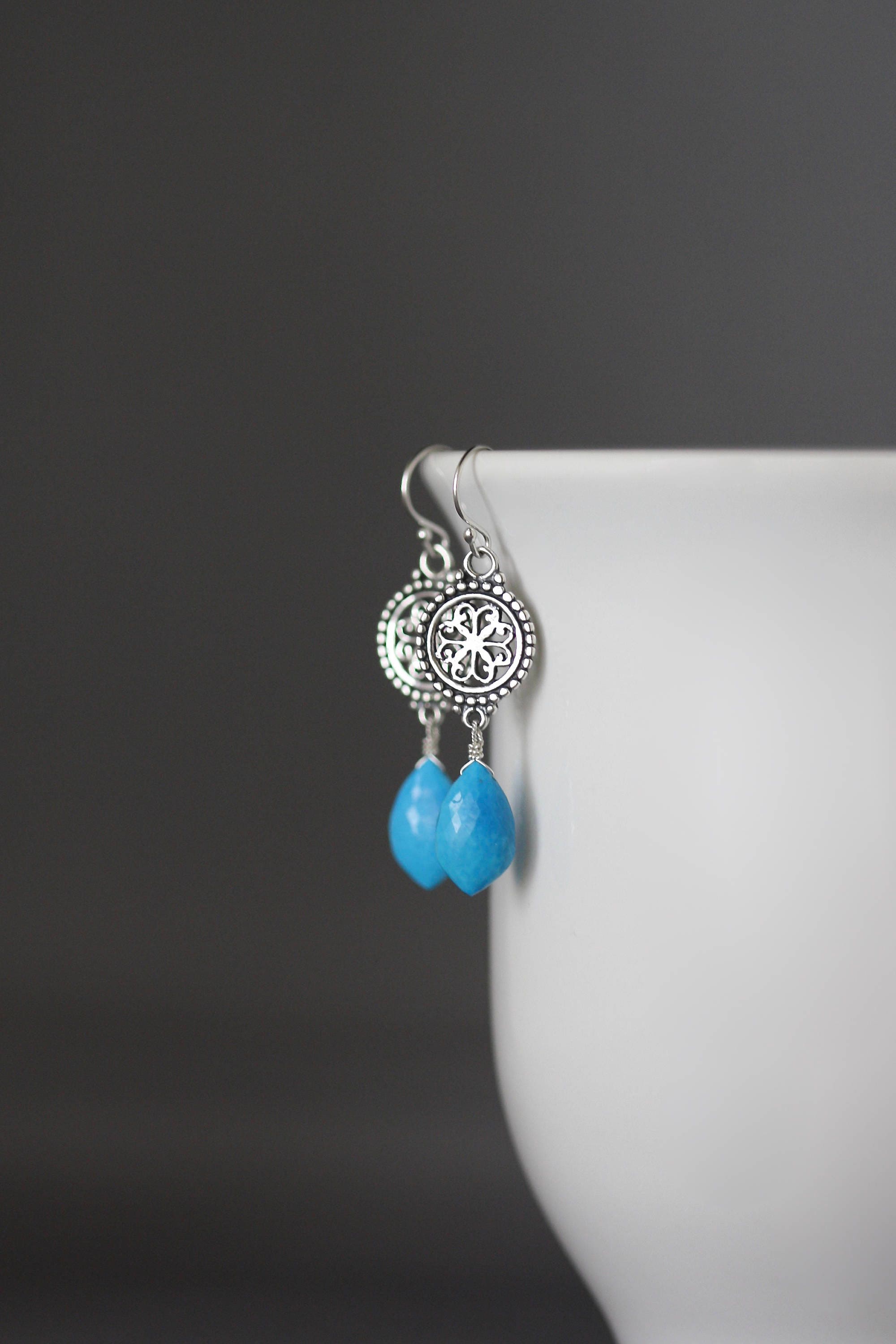 Turquoise Marquise Stone and Bali Sterling Silver Filigree Dangle Earrings