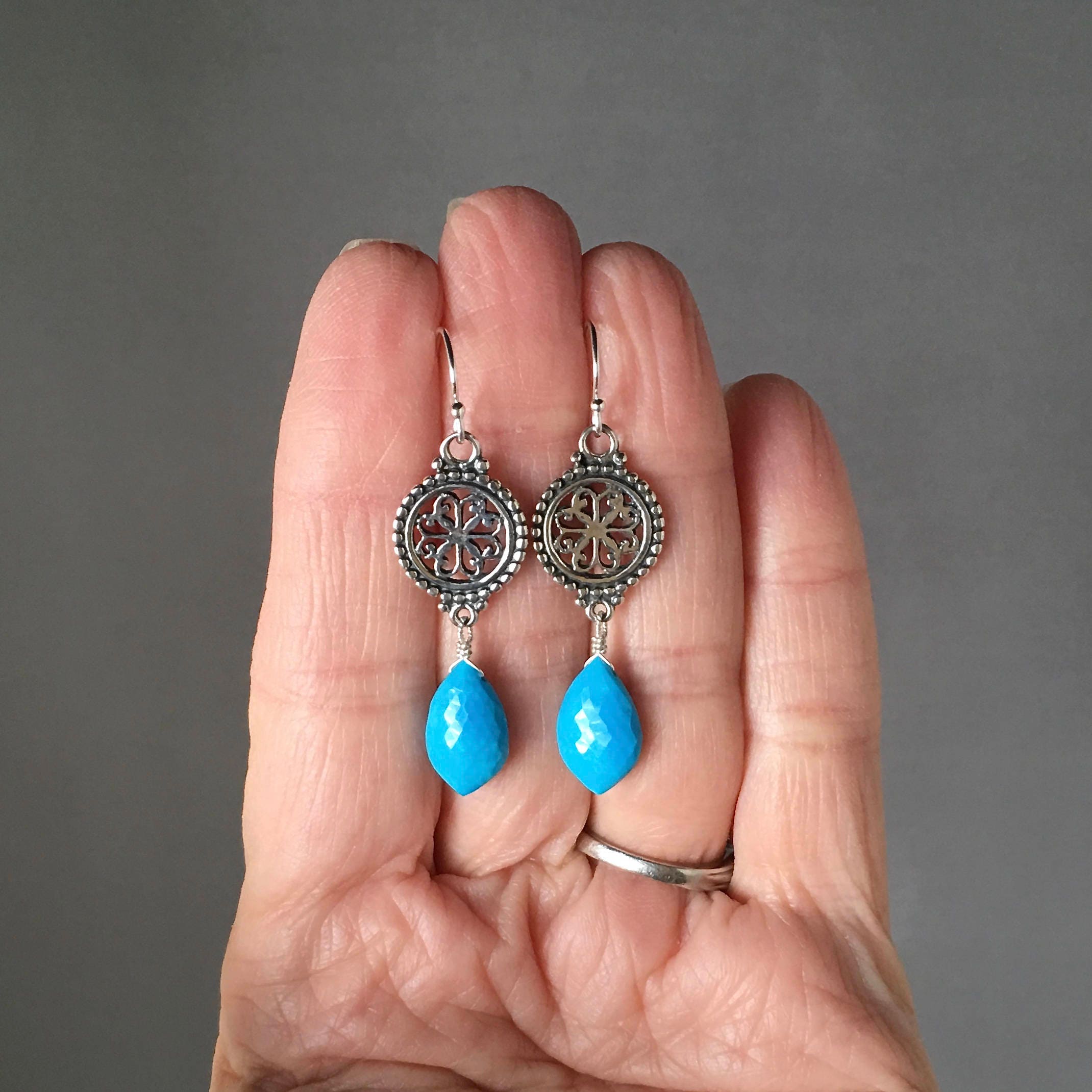 Turquoise Marquise Stone and Bali Sterling Silver Filigree Dangle Earrings