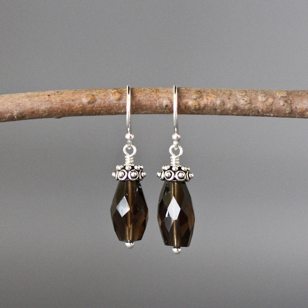 Smokey Quartz Barrel Earrings with Bali Sterling Silver Caps