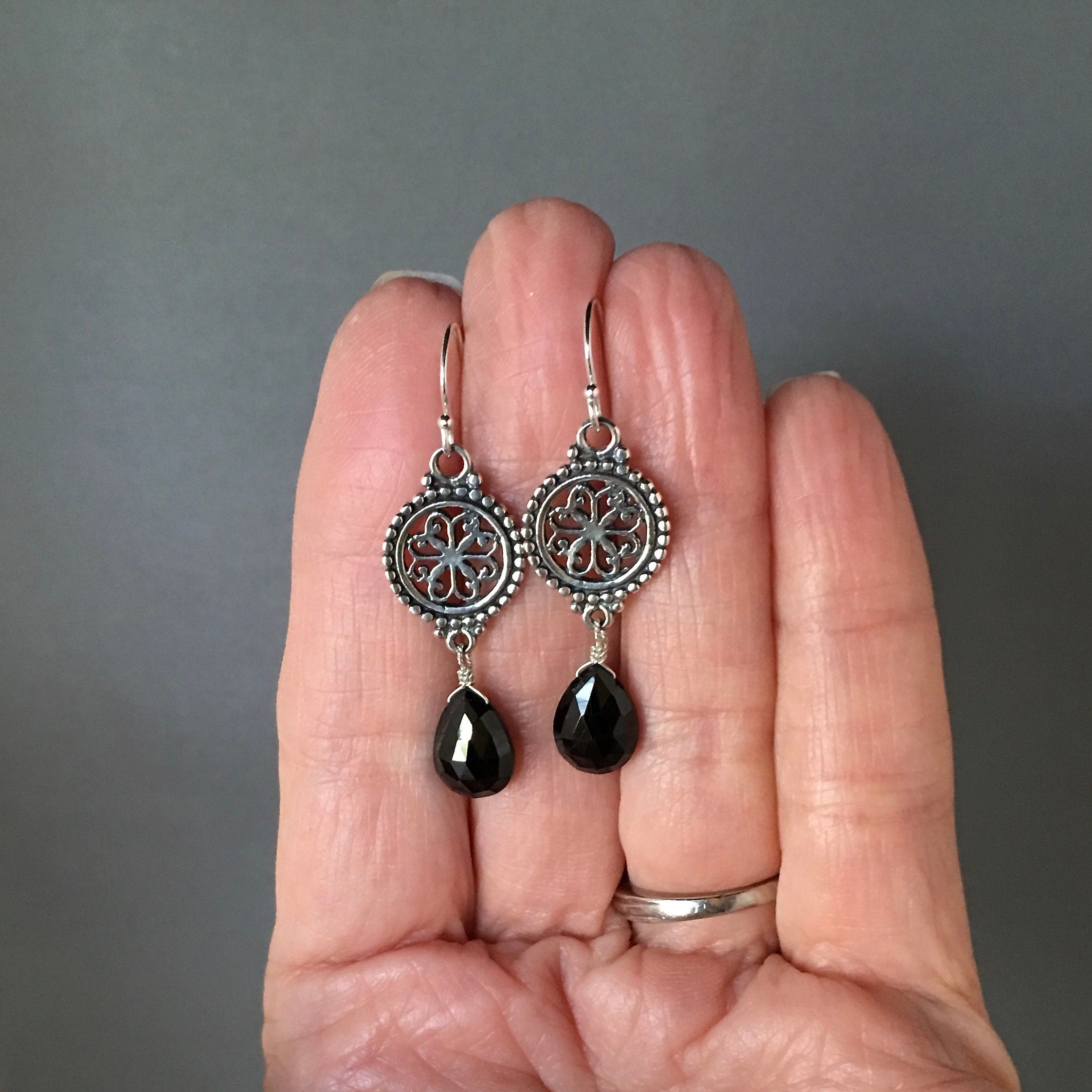 Black Spinel Teardrop and Bali Sterling Silver Chandelier Dangle Earrings
