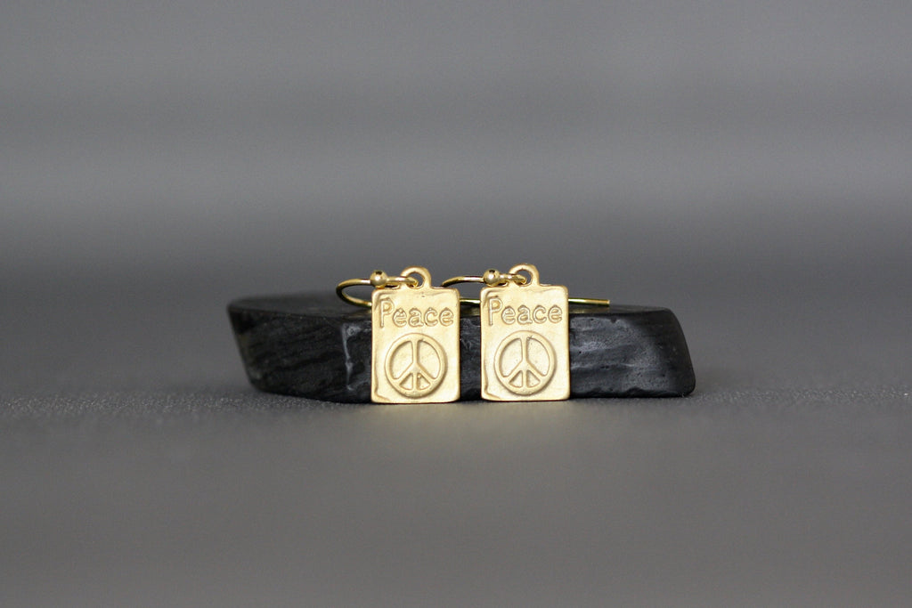 Gold Vermeil Peace Sign Rectangle Charm Dangle Earrings