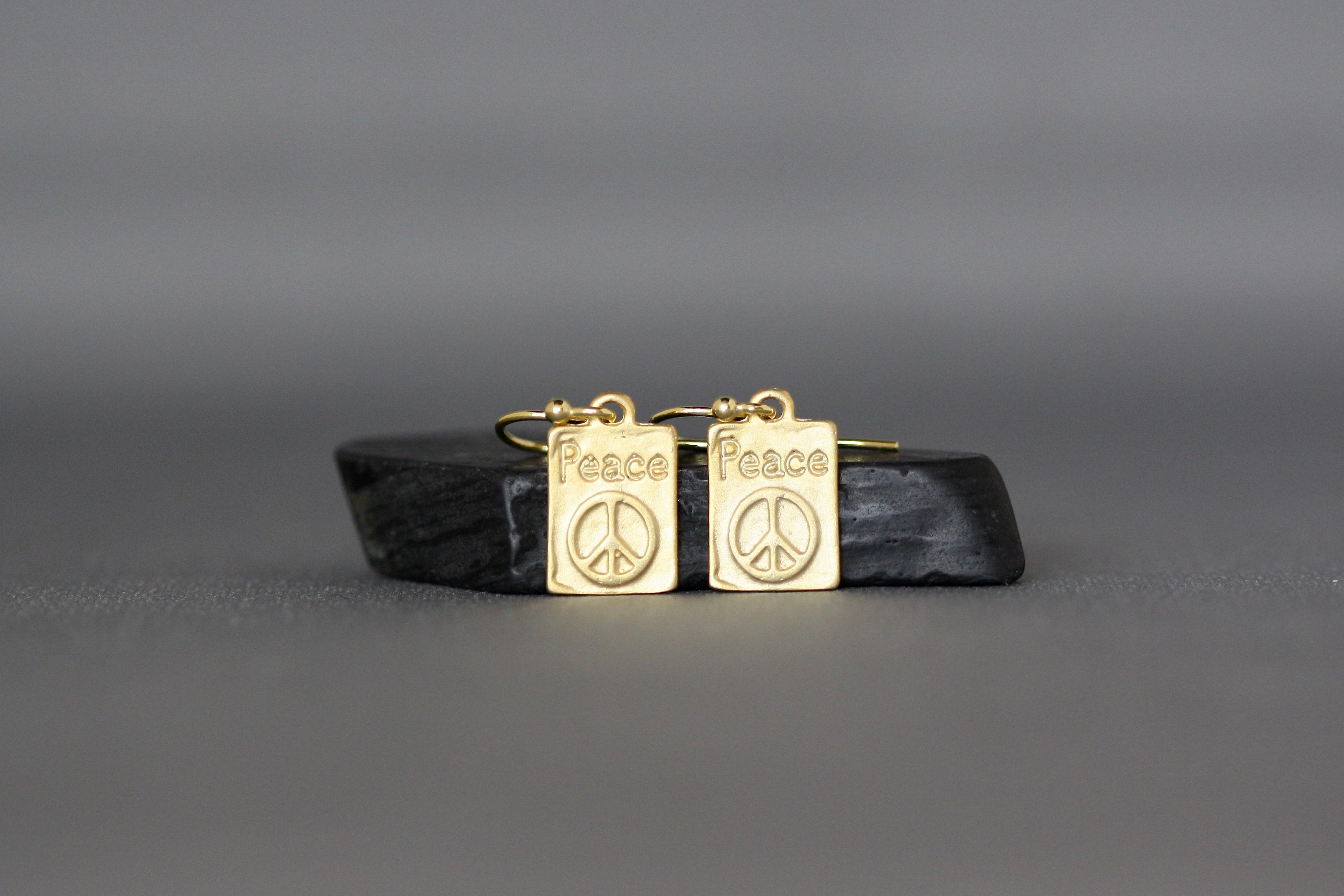 Gold Vermeil Peace Sign Rectangle Charm Dangle Earrings