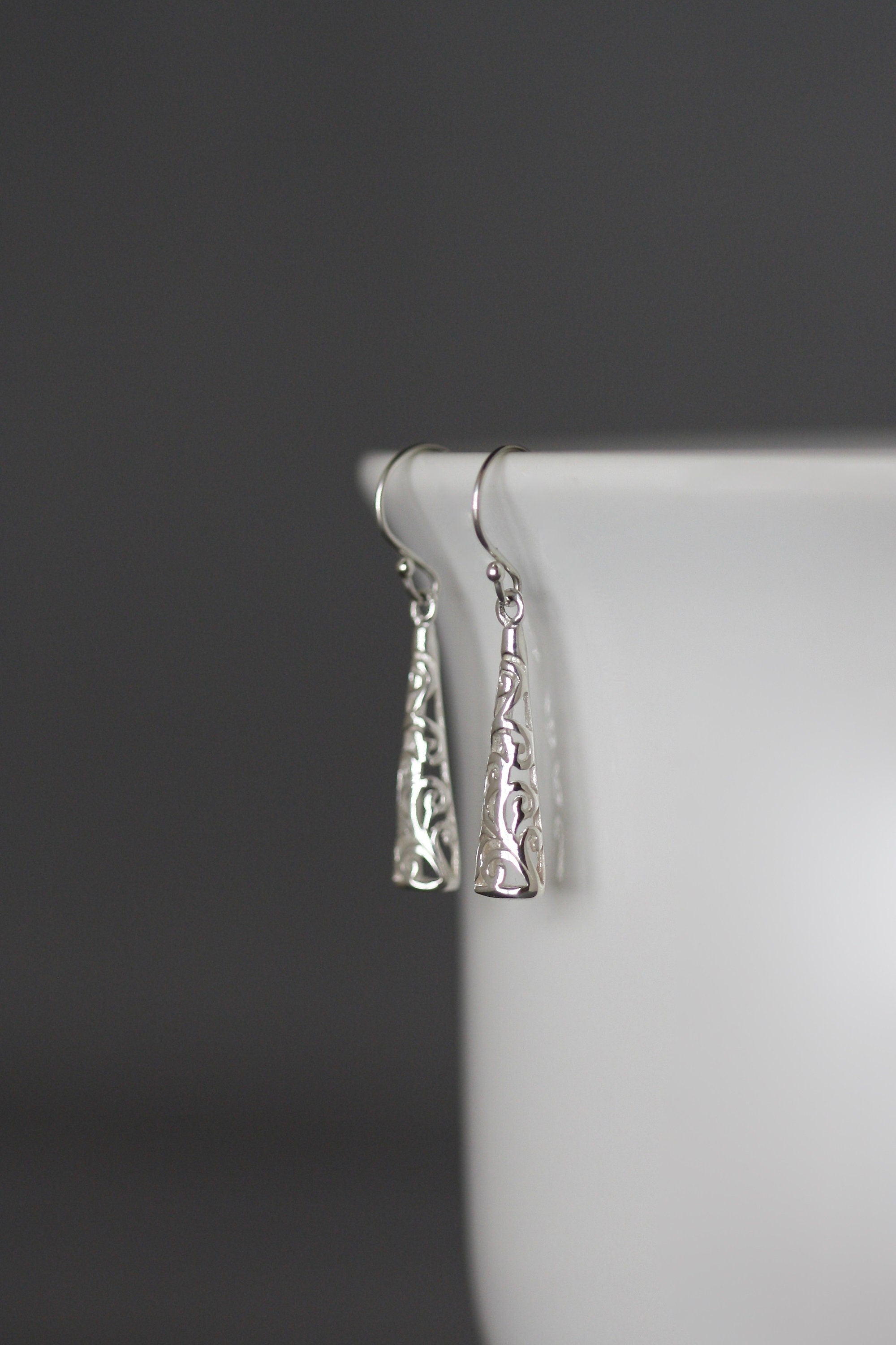 Long Shiny Sterling Silver Filigree Drop Earrings