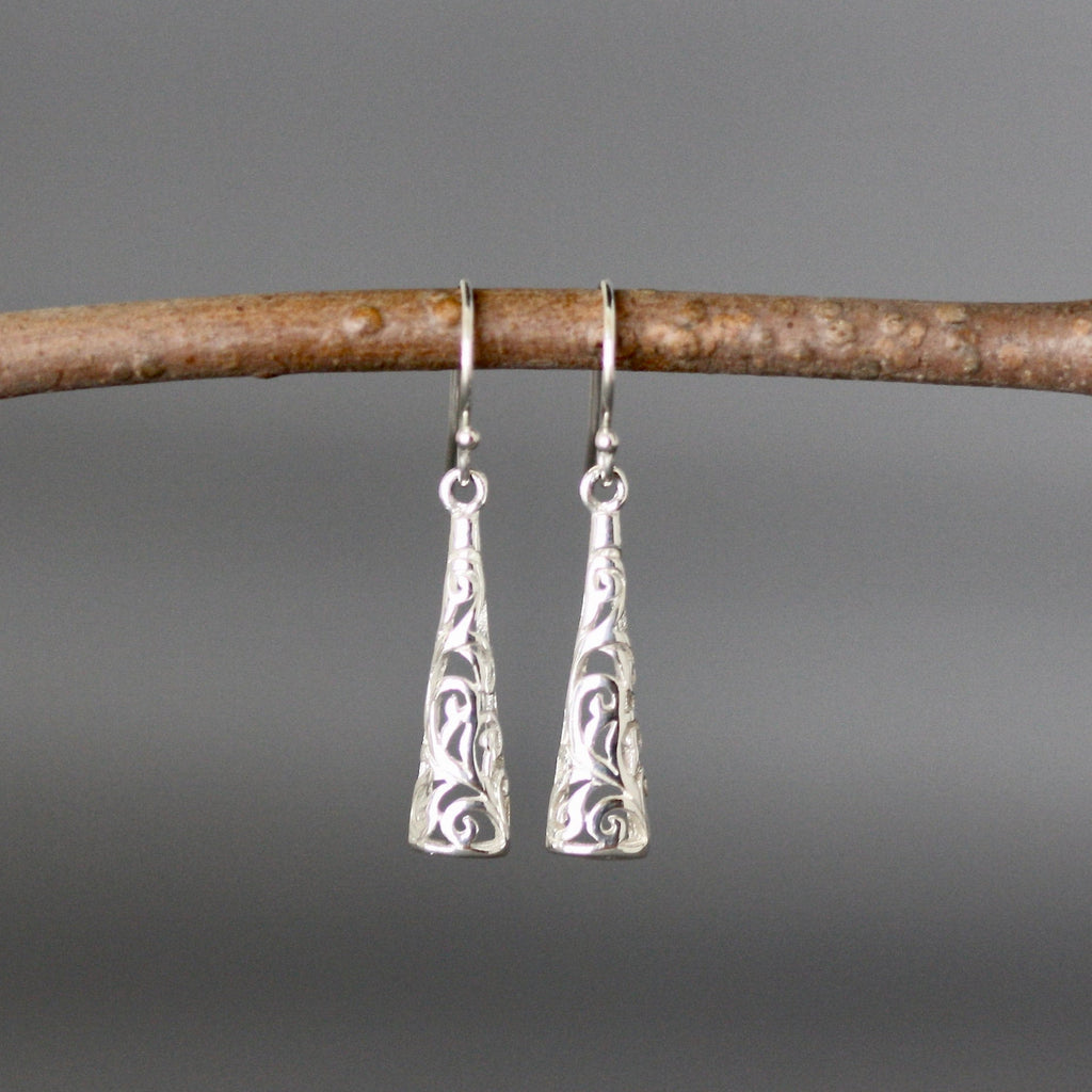 Long Shiny Sterling Silver Filigree Drop Earrings