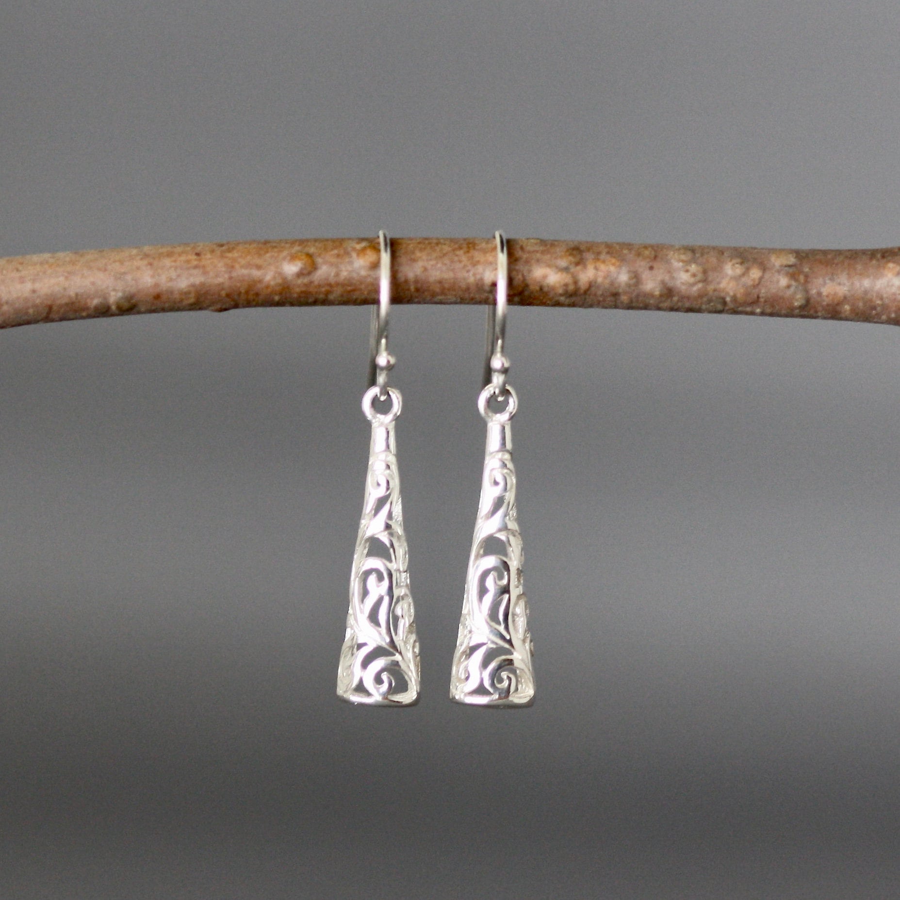 Long Shiny Sterling Silver Filigree Drop Earrings