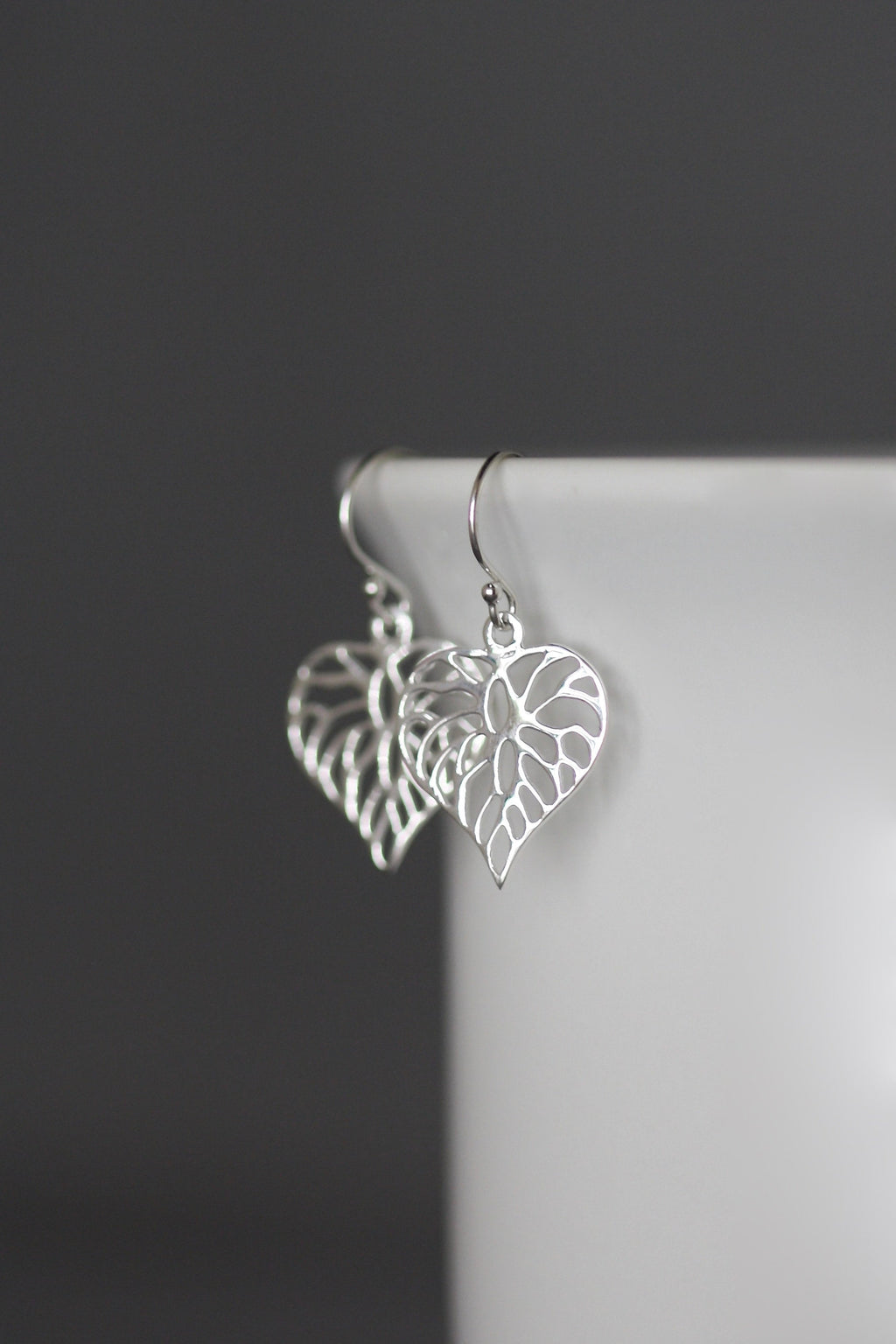 Sterling Silver Filigree Heart Charm Dangle Earrings