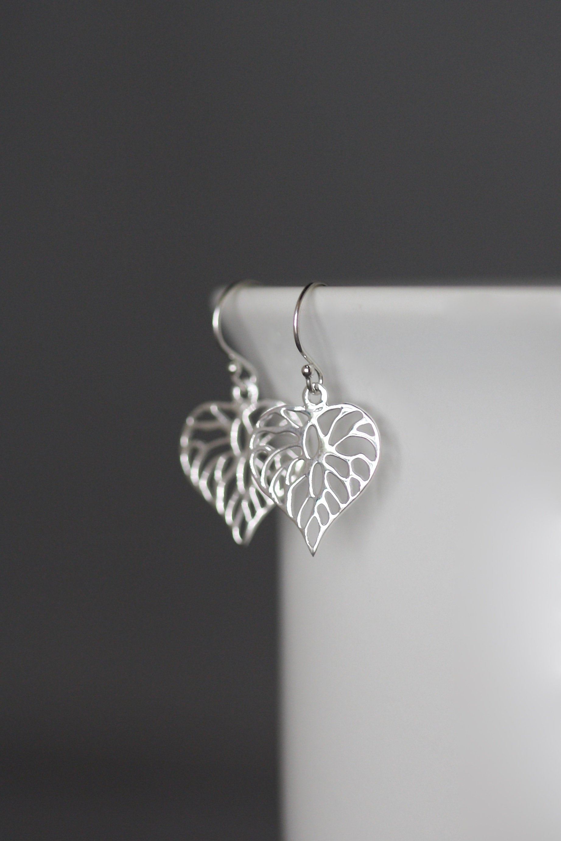 Sterling Silver Filigree Heart Charm Dangle Earrings