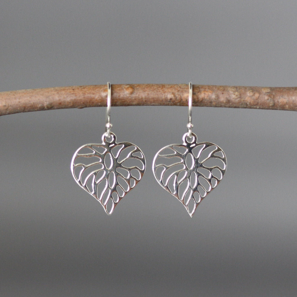 Sterling Silver Filigree Heart Charm Dangle Earrings