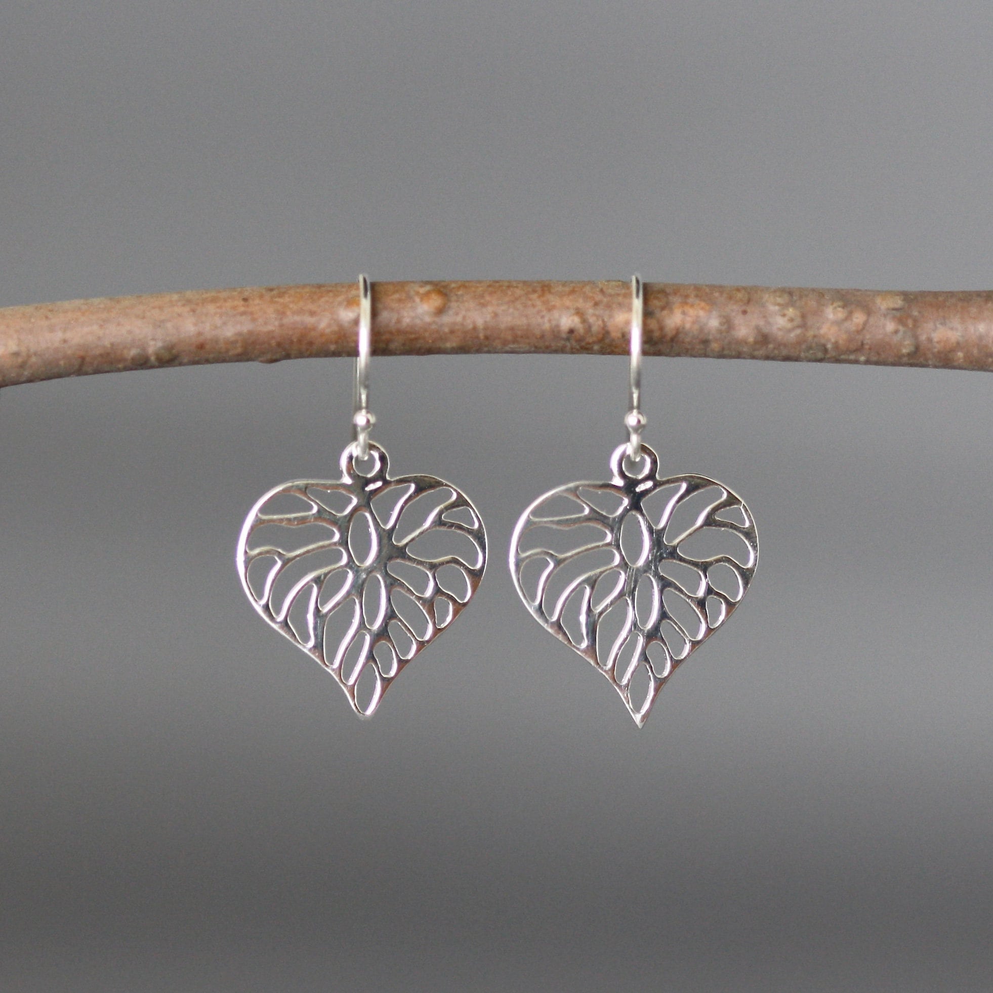 Sterling Silver Filigree Heart Charm Dangle Earrings