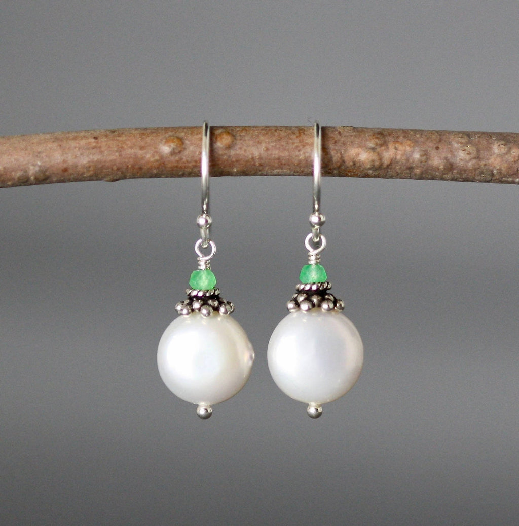 Green Chrysoprase and Freshwater Coin Pearl Drop Earrings in Sterling Silver