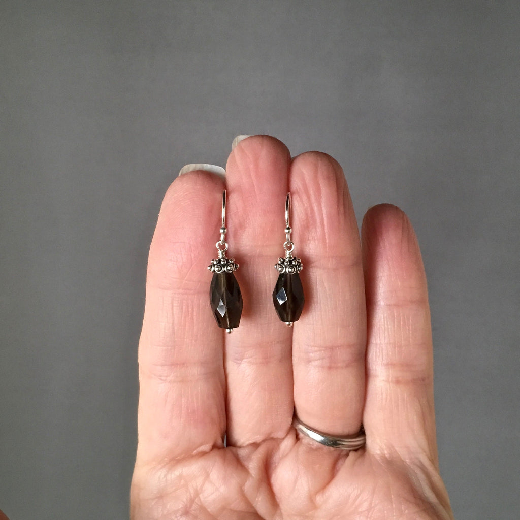 Smokey Quartz Barrel Earrings with Bali Sterling Silver Caps