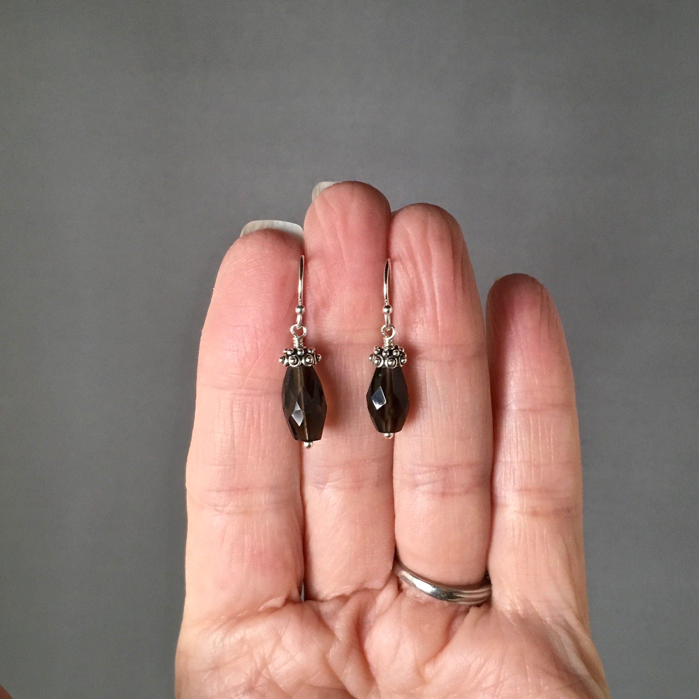 Smokey Quartz Barrel Earrings with Bali Sterling Silver Caps