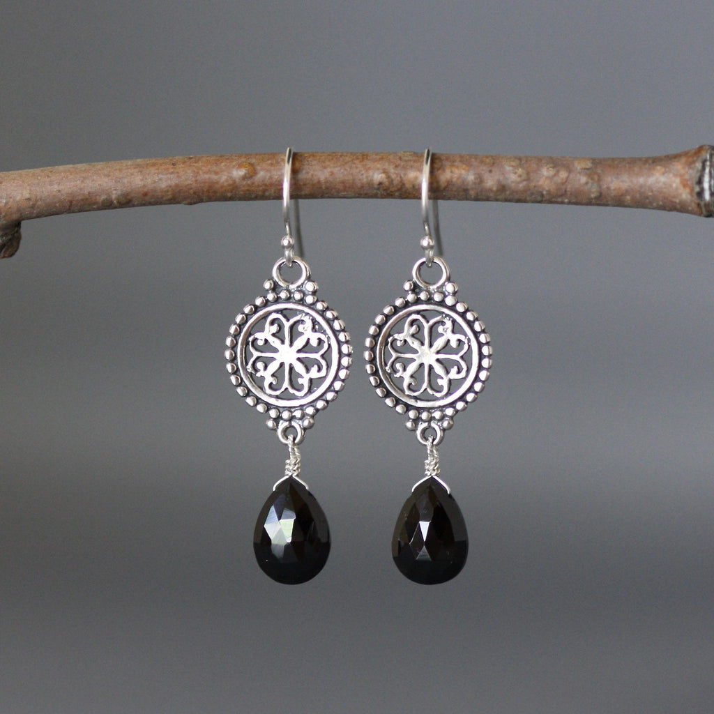 Black Spinel Teardrop and Bali Sterling Silver Chandelier Dangle Earrings