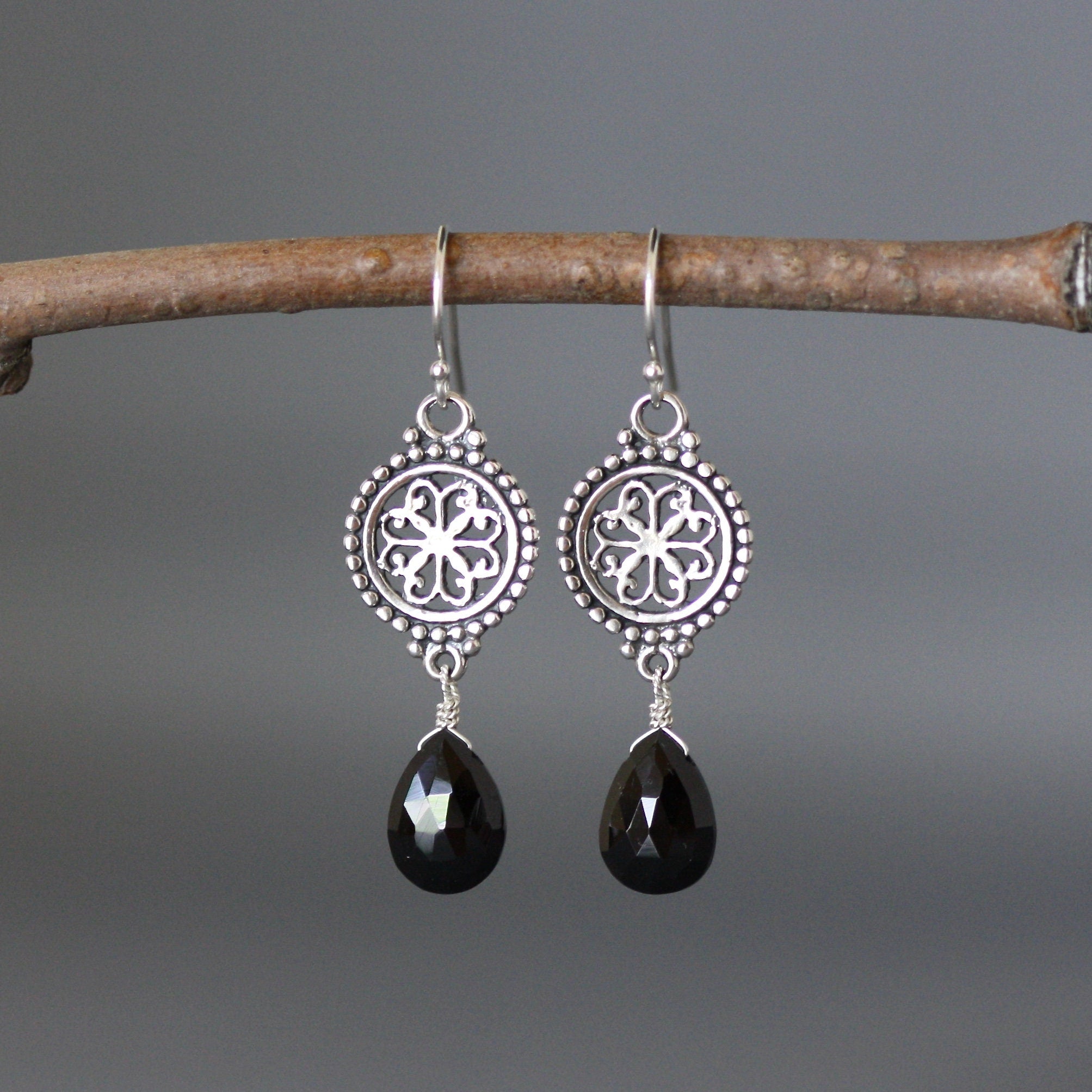 Black Spinel Teardrop and Bali Sterling Silver Chandelier Dangle Earrings