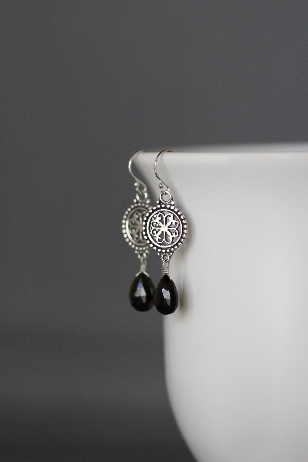 Black Spinel Teardrop and Bali Sterling Silver Chandelier Dangle Earrings