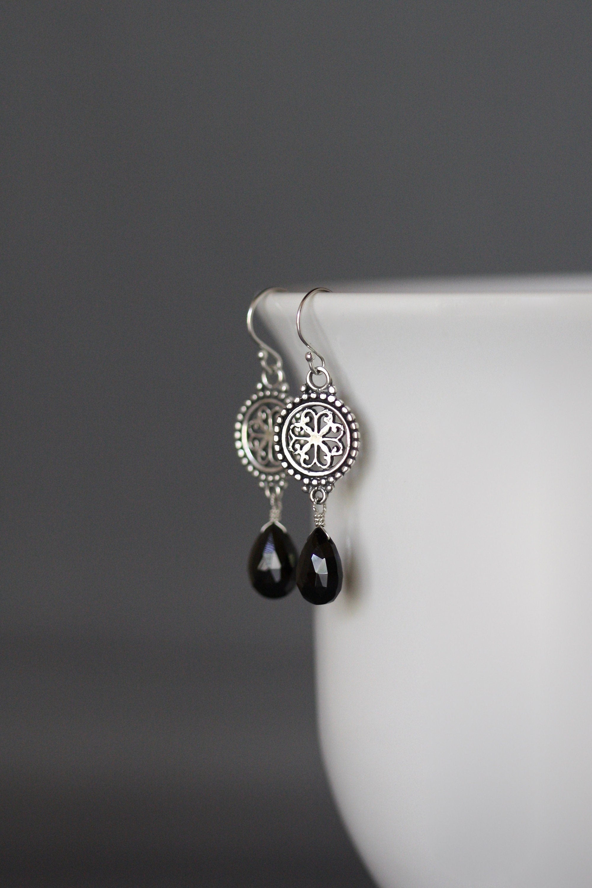 Black Spinel Teardrop and Bali Sterling Silver Chandelier Dangle Earrings
