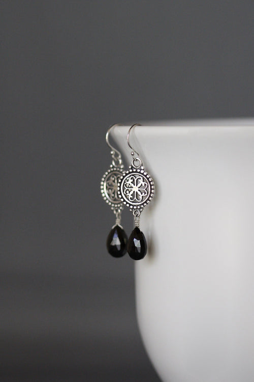 Black Spinel Teardrop and Bali Sterling Silver Chandelier Dangle Earrings