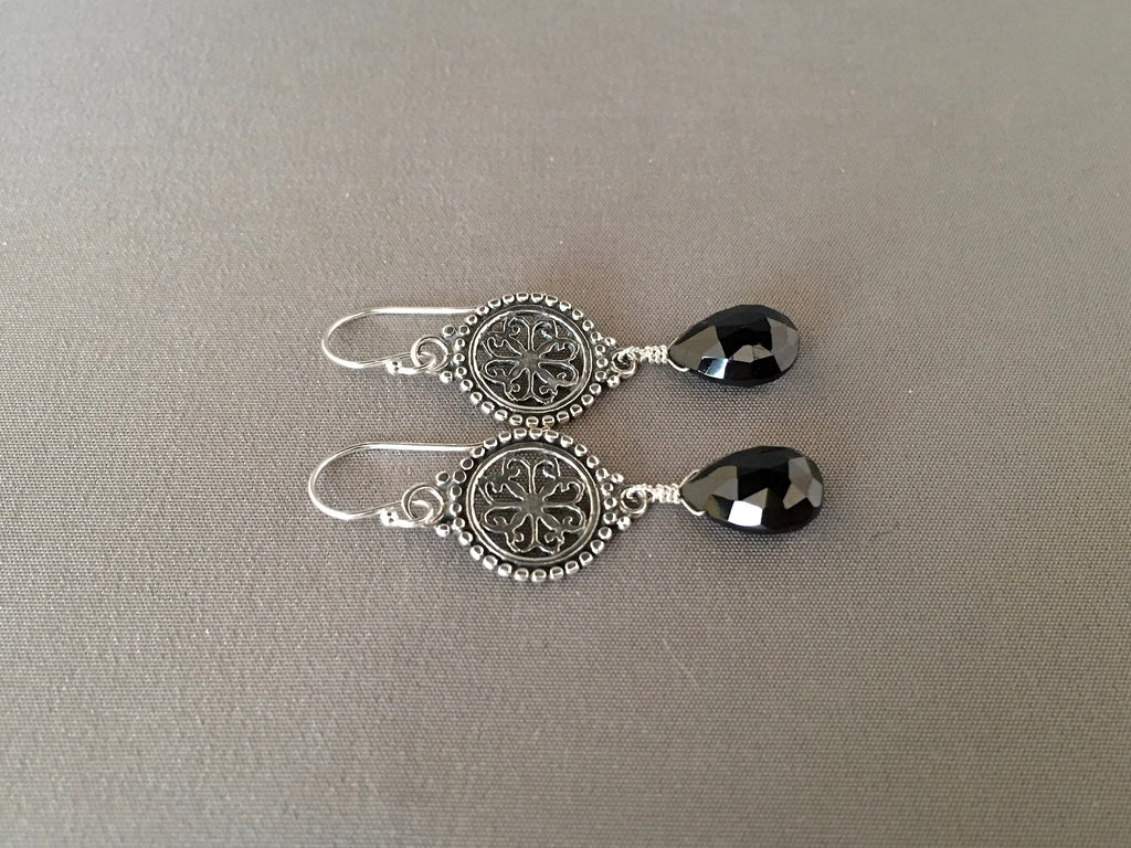 Black Spinel Teardrop and Bali Sterling Silver Chandelier Dangle Earrings