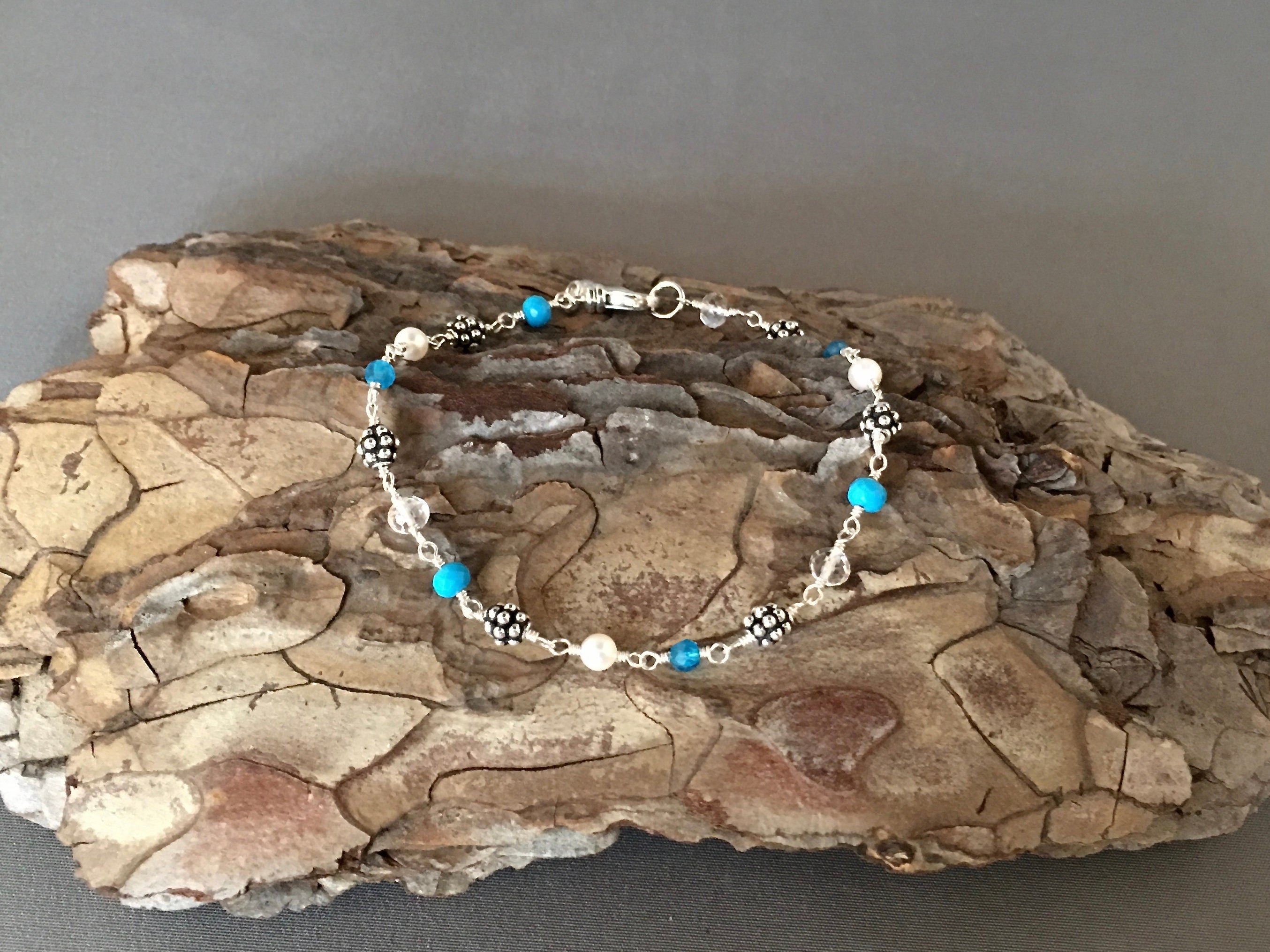 Multi-Gemstone Sterling Silver Bracelet with Turquoise, Apatite, Quartz, and Pearls
