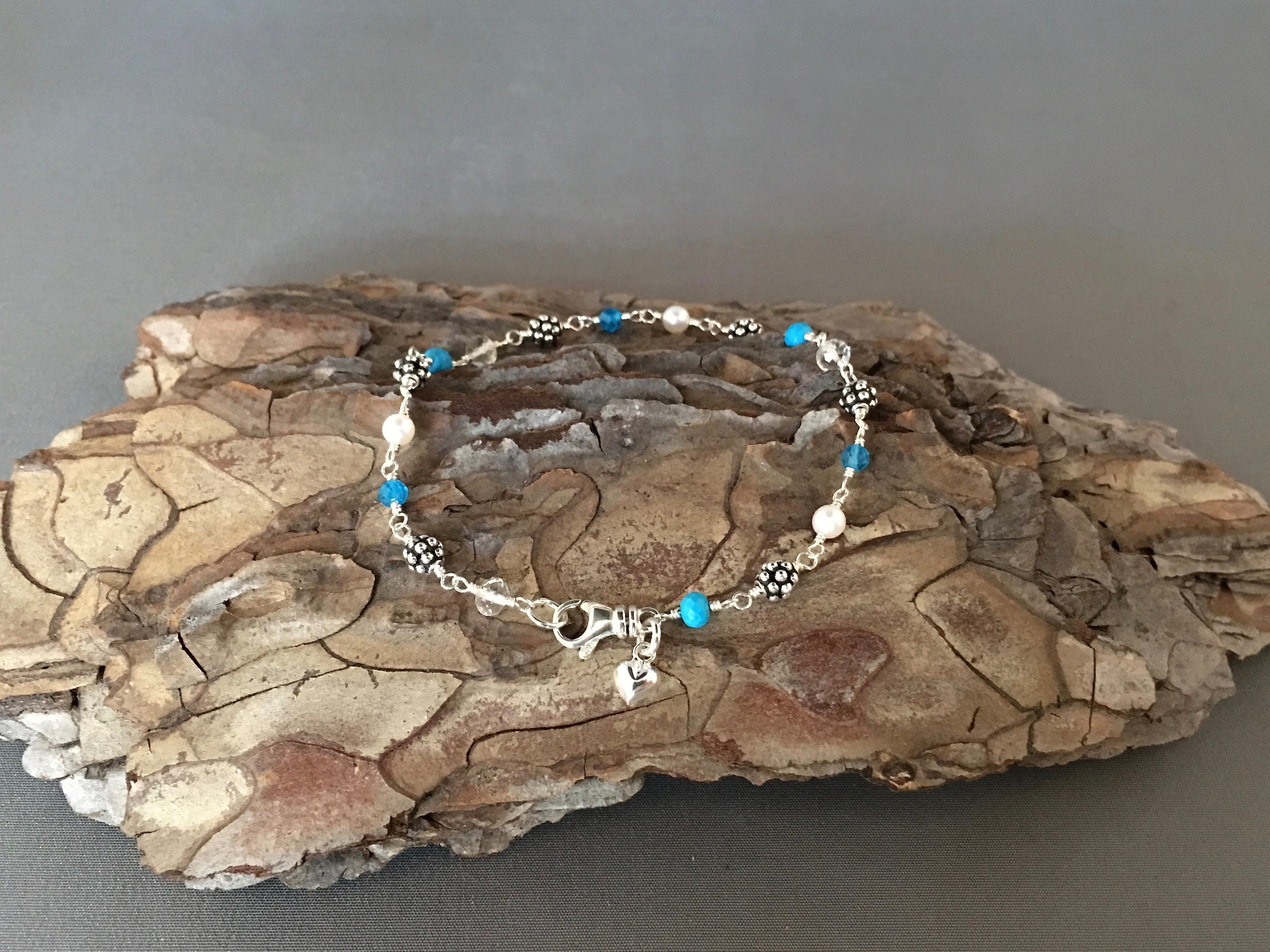 Multi-Gemstone Sterling Silver Bracelet with Turquoise, Apatite, Quartz, and Pearls