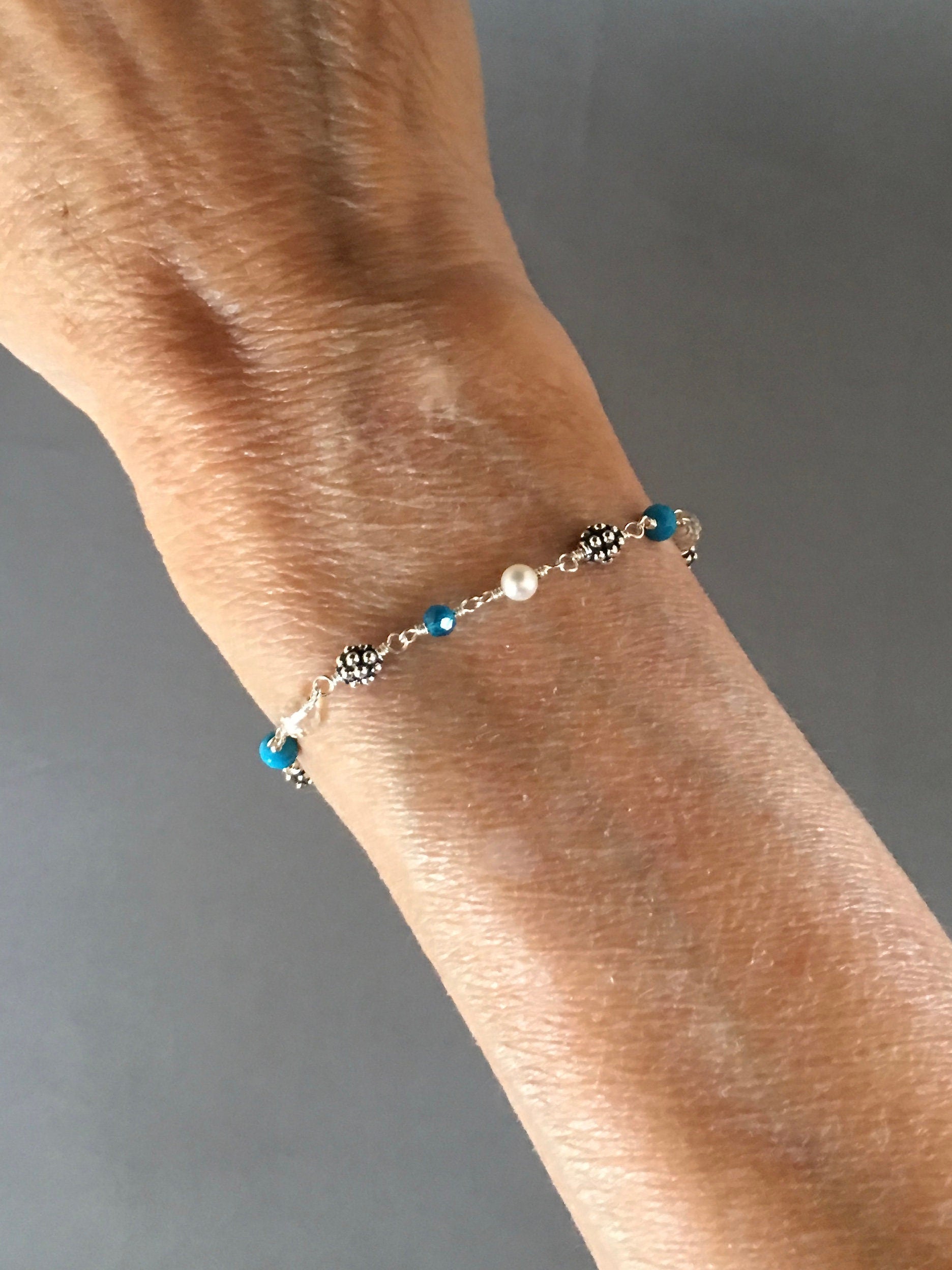 Multi-Gemstone Sterling Silver Bracelet with Turquoise, Apatite, Quartz, and Pearls