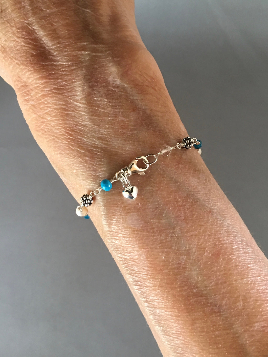 Multi-Gemstone Sterling Silver Bracelet with Turquoise, Apatite, Quartz, and Pearls