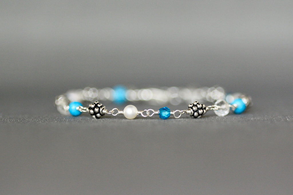 Multi-Gemstone Sterling Silver Bracelet with Turquoise, Apatite, Quartz, and Pearls