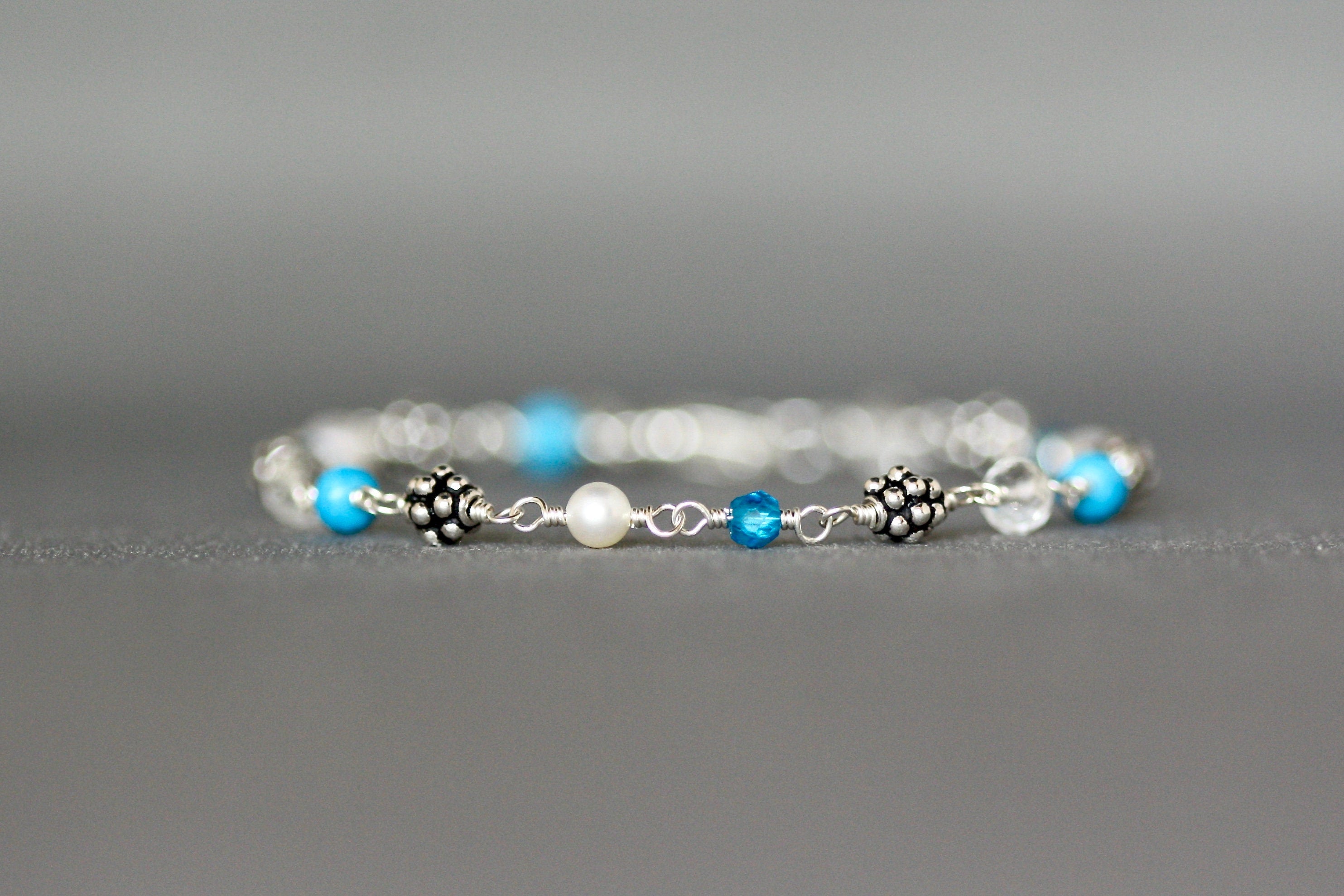 Multi-Gemstone Sterling Silver Bracelet with Turquoise, Apatite, Quartz, and Pearls