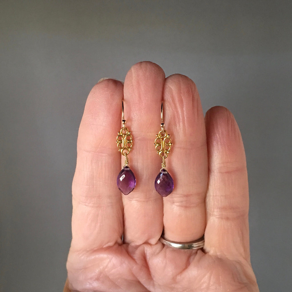 Amethyst Marquise Dangle Earrings on Gold Vermeil Links
