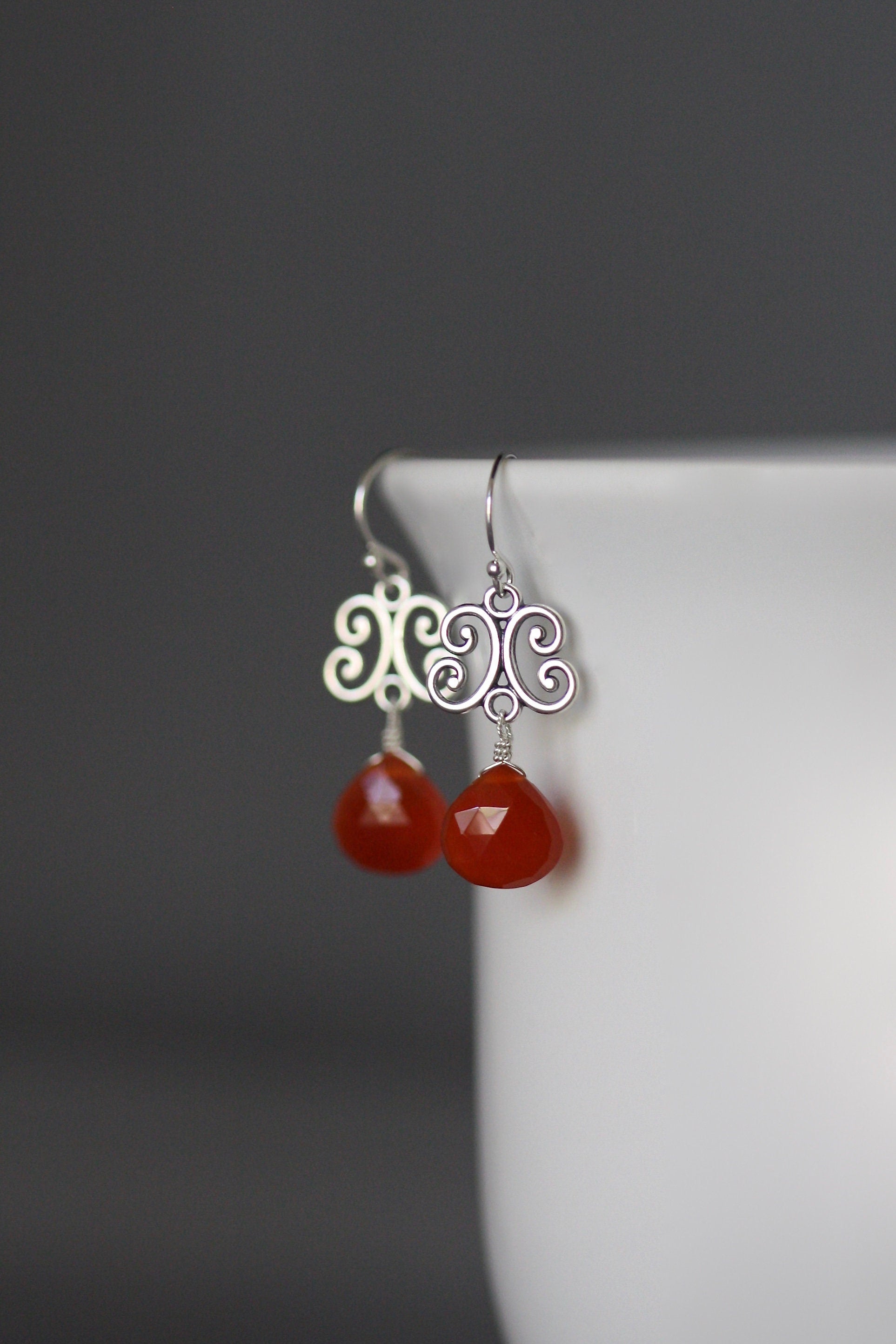 Carnelian Teardrop and Bali Sterling Silver Link Dangle Earrings
