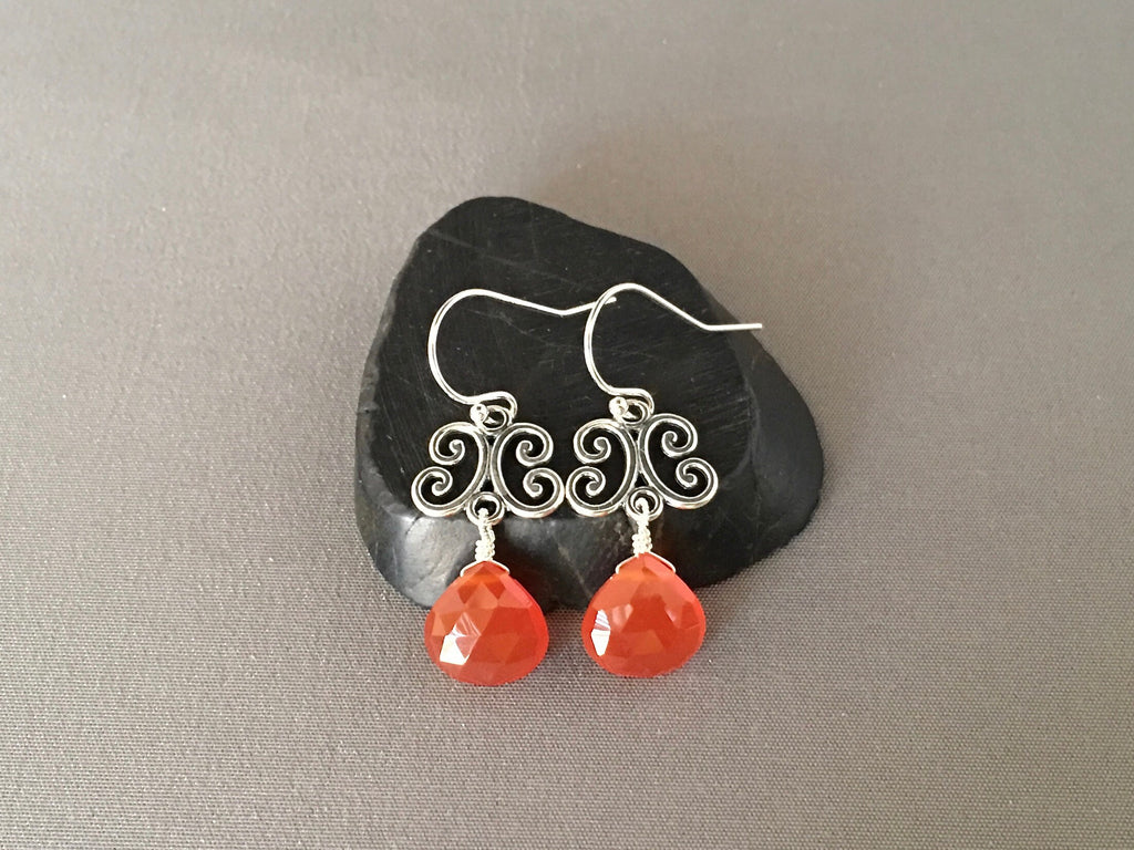 Carnelian Teardrop and Bali Sterling Silver Link Dangle Earrings